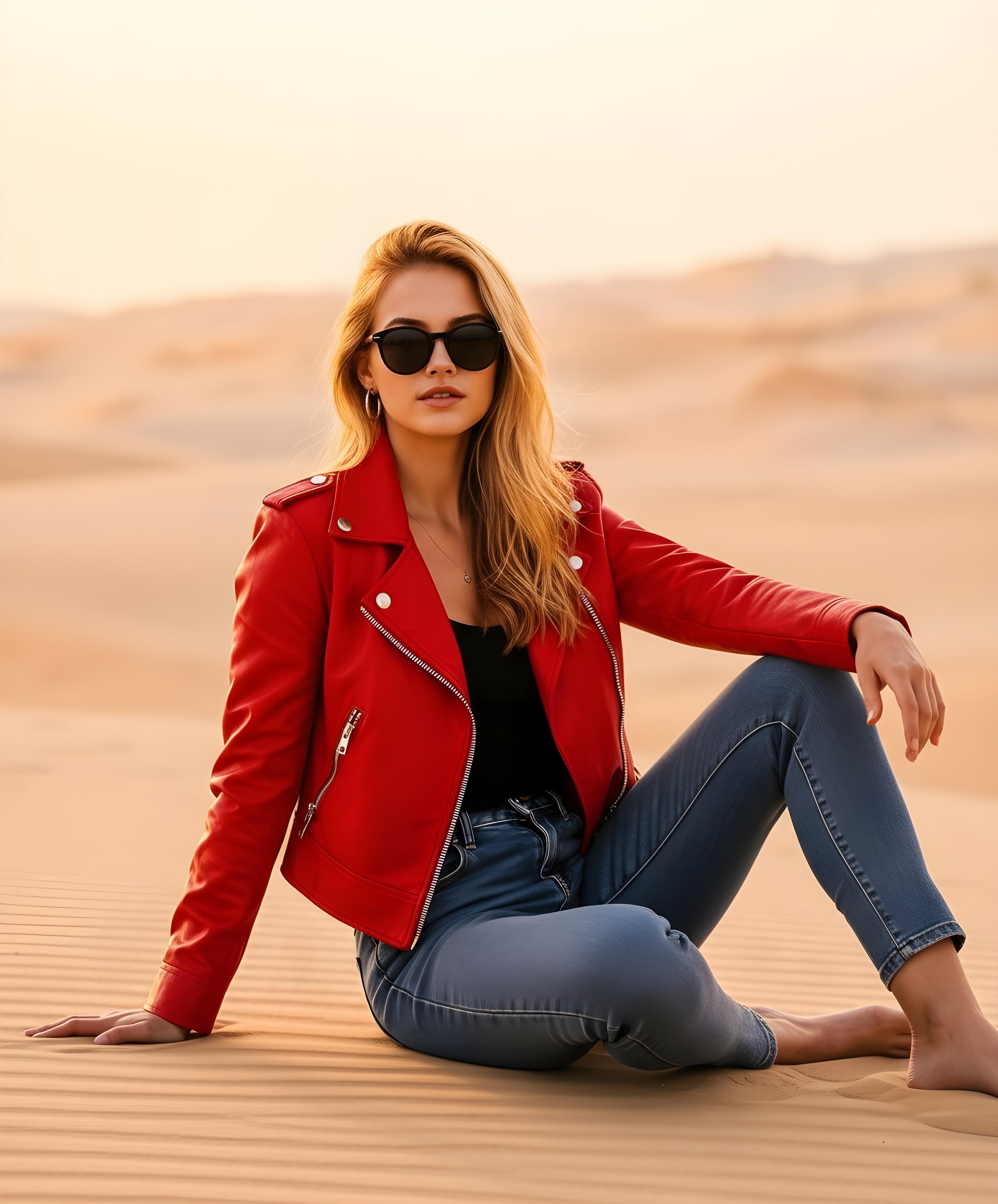 Stylish Woman Wearing Fashionable Leather Jacket and Sunglasses Isolated on White Background