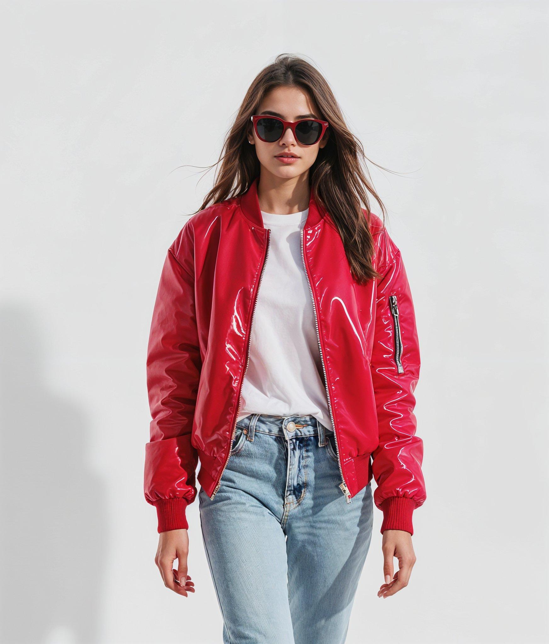 Stylish Woman Wearing Fashionable Leather Jacket and Sunglasses Isolated on White Background