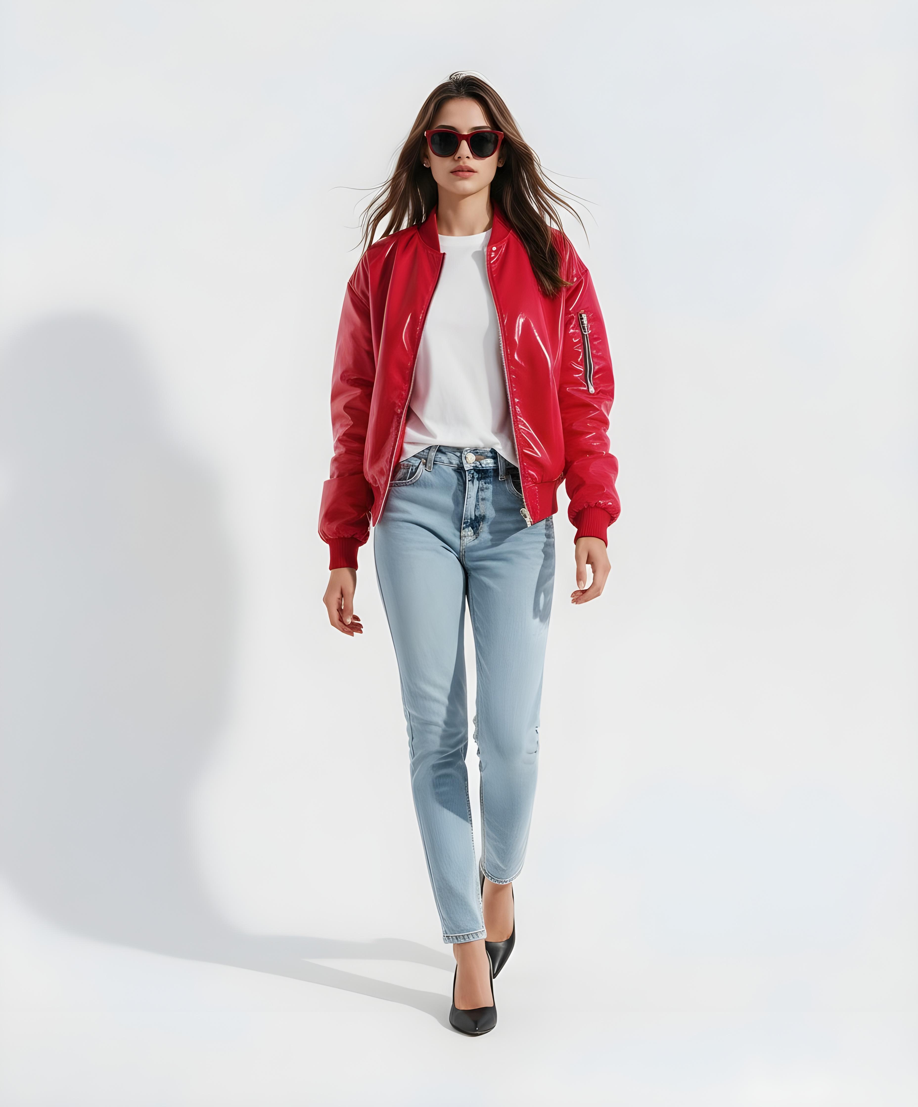 Stylish Woman Wearing Fashionable Leather Jacket and Sunglasses Isolated on White Background