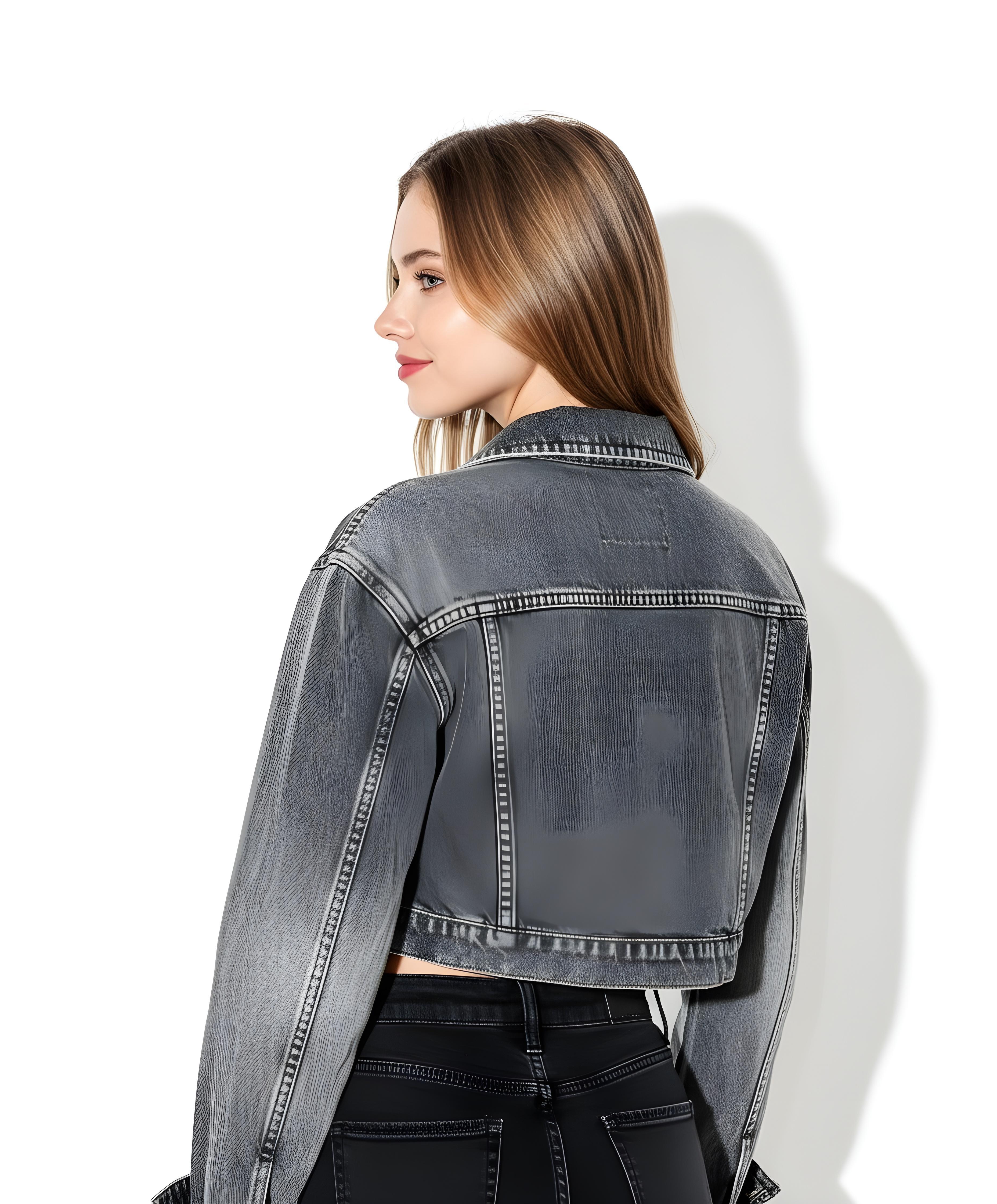 Stylish Woman Wearing Fashionable Leather Jacket and Sunglasses Isolated on White Background