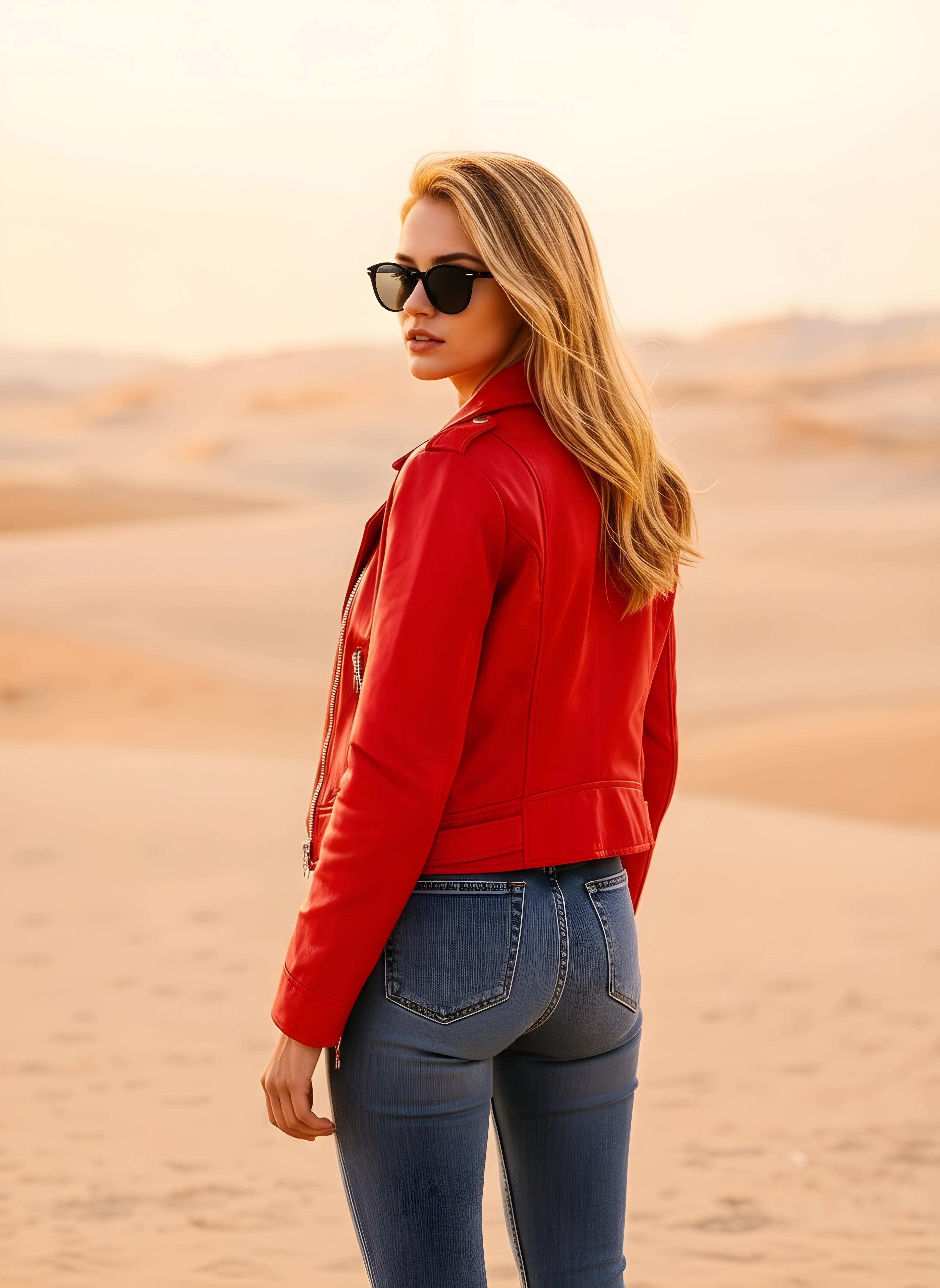 Stylish Woman Wearing Fashionable Leather Jacket and Sunglasses Isolated on White Background