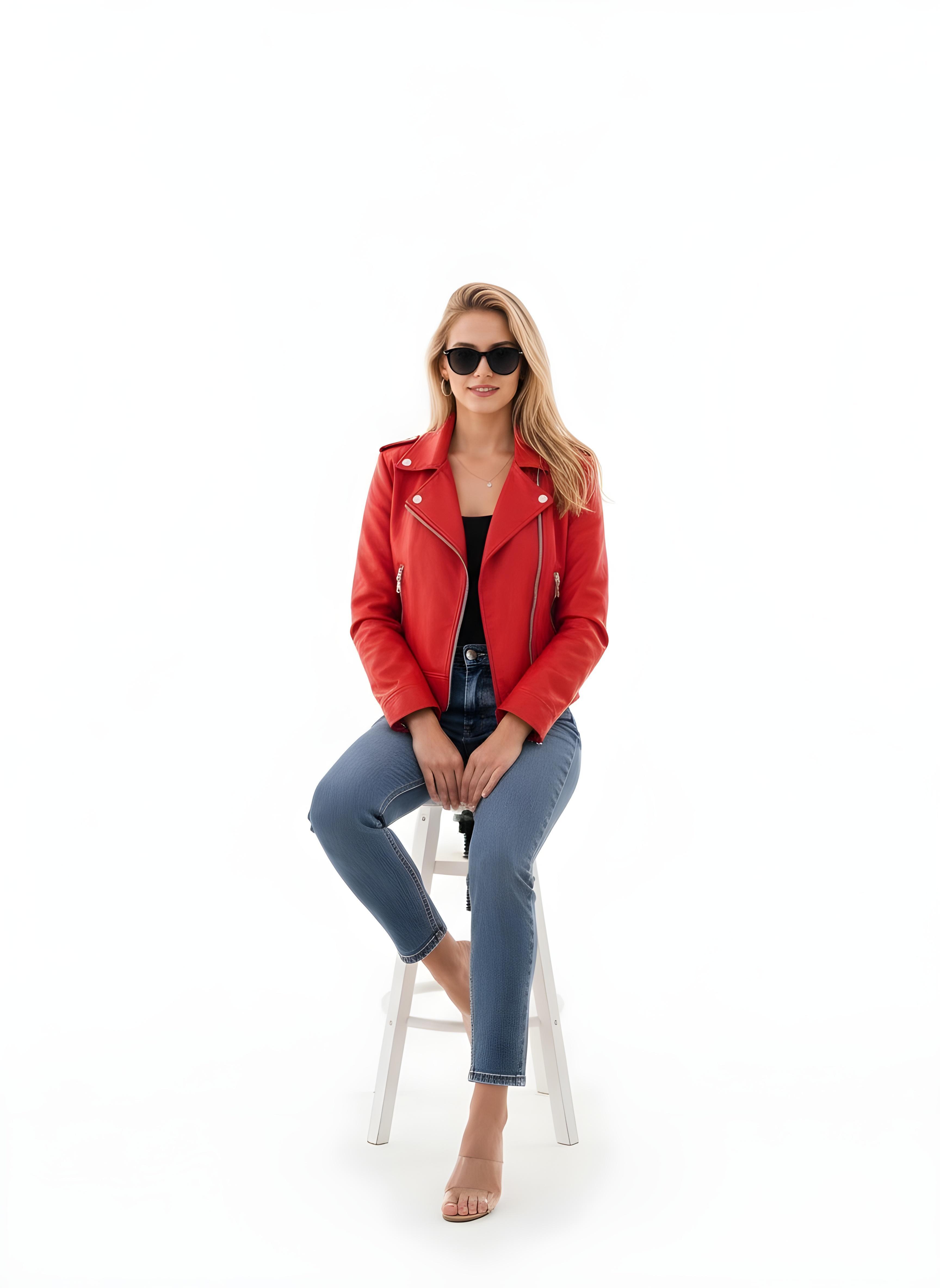 Stylish Woman Wearing Fashionable Leather Jacket and Sunglasses Isolated on White Background