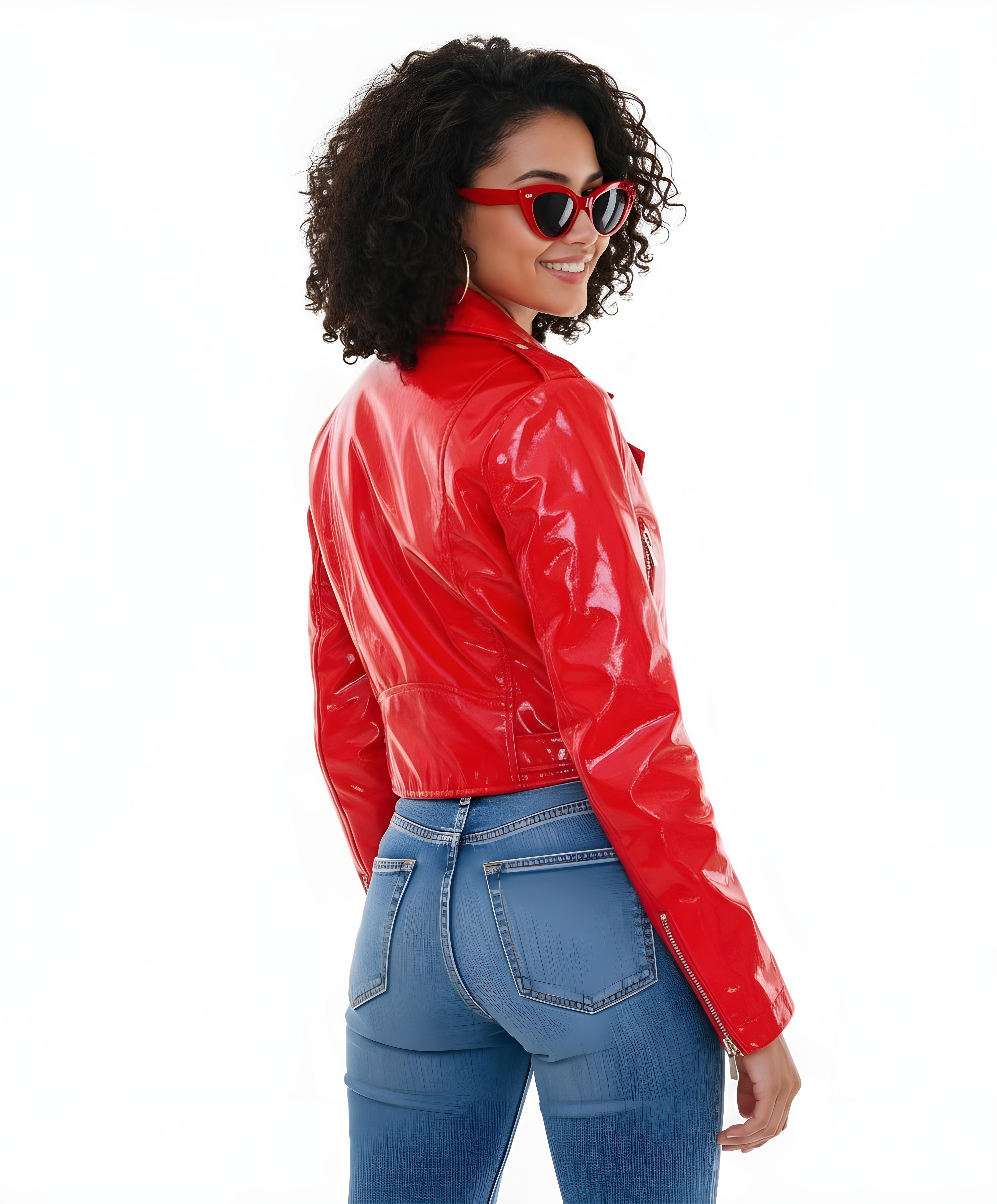 Stylish Woman Wearing Fashionable Leather Jacket and Sunglasses Isolated on White Background
