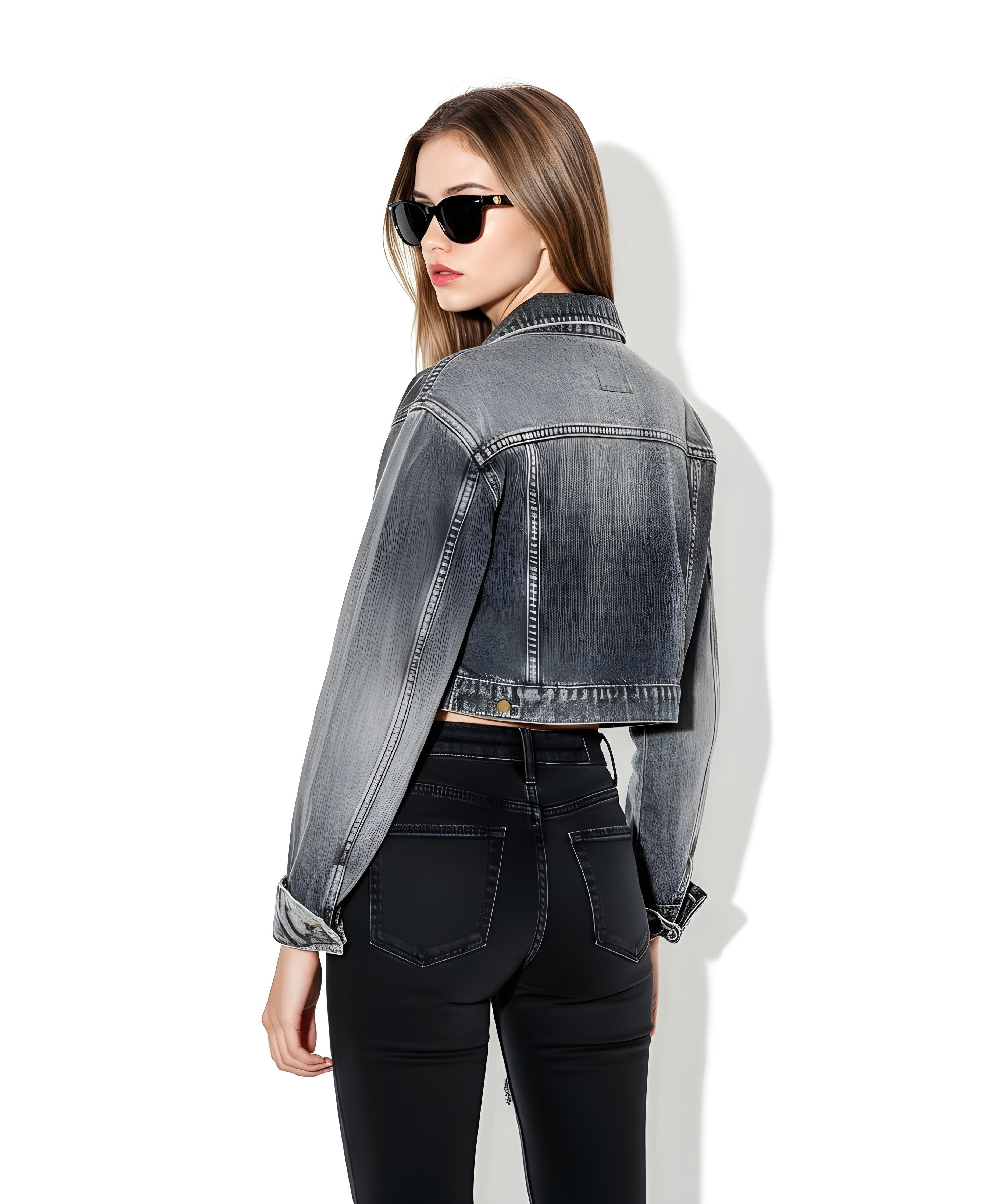 Stylish Woman Wearing Fashionable Leather Jacket and Sunglasses Isolated on White Background