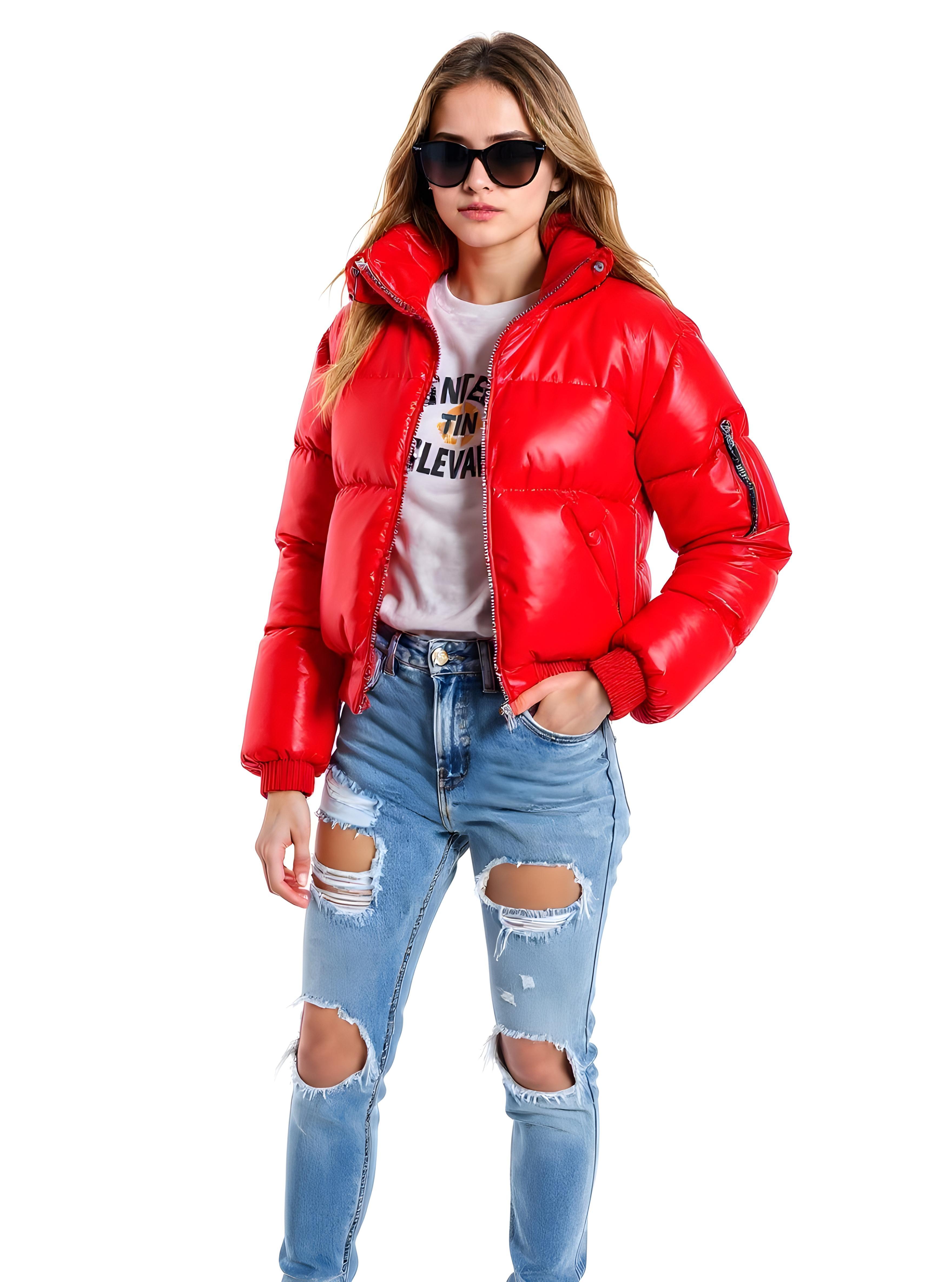Stylish Woman Wearing Fashionable Leather Jacket and Sunglasses Isolated on White Background