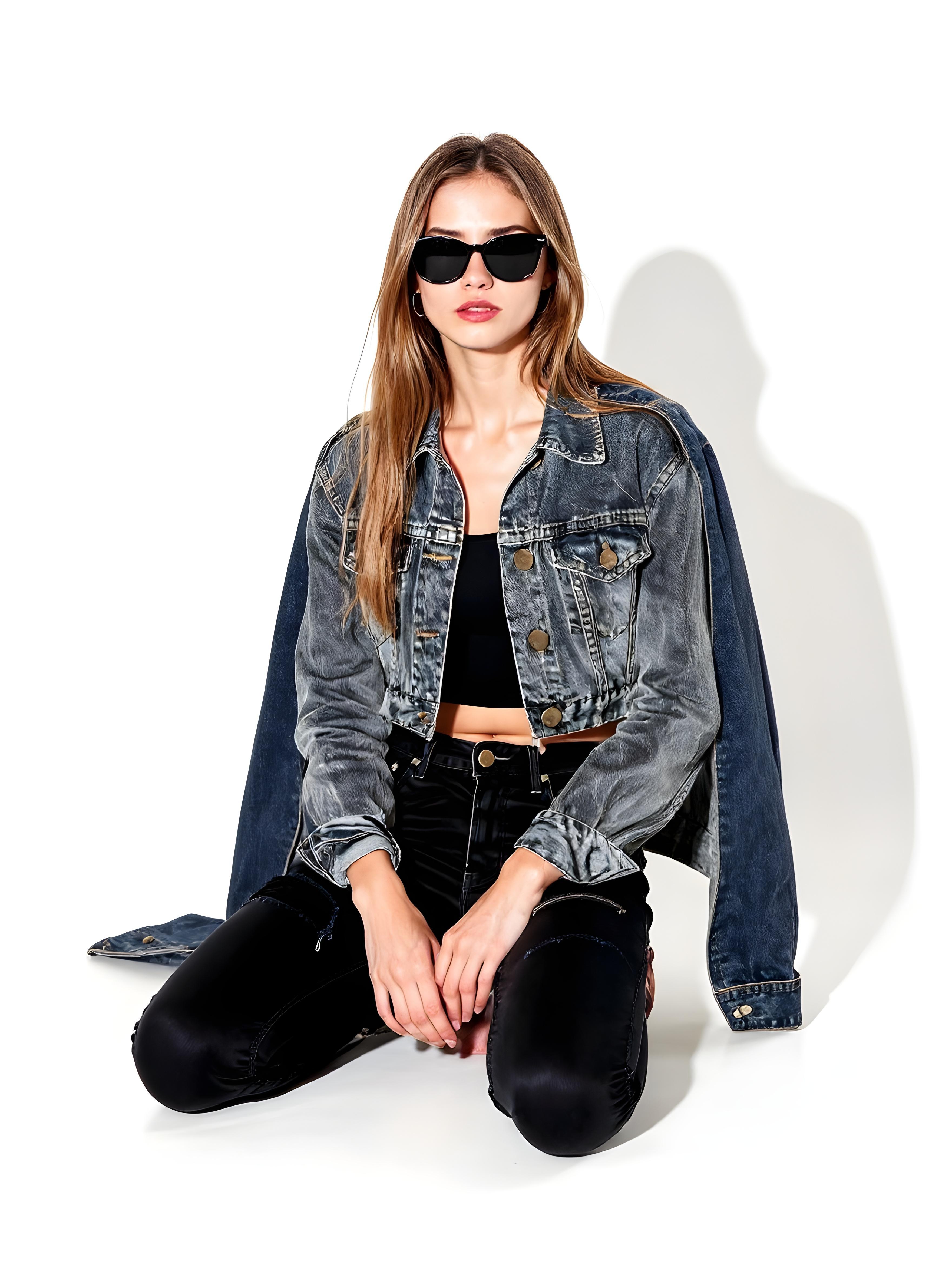 Stylish Woman Wearing Fashionable Leather Jacket and Sunglasses Isolated on White Background