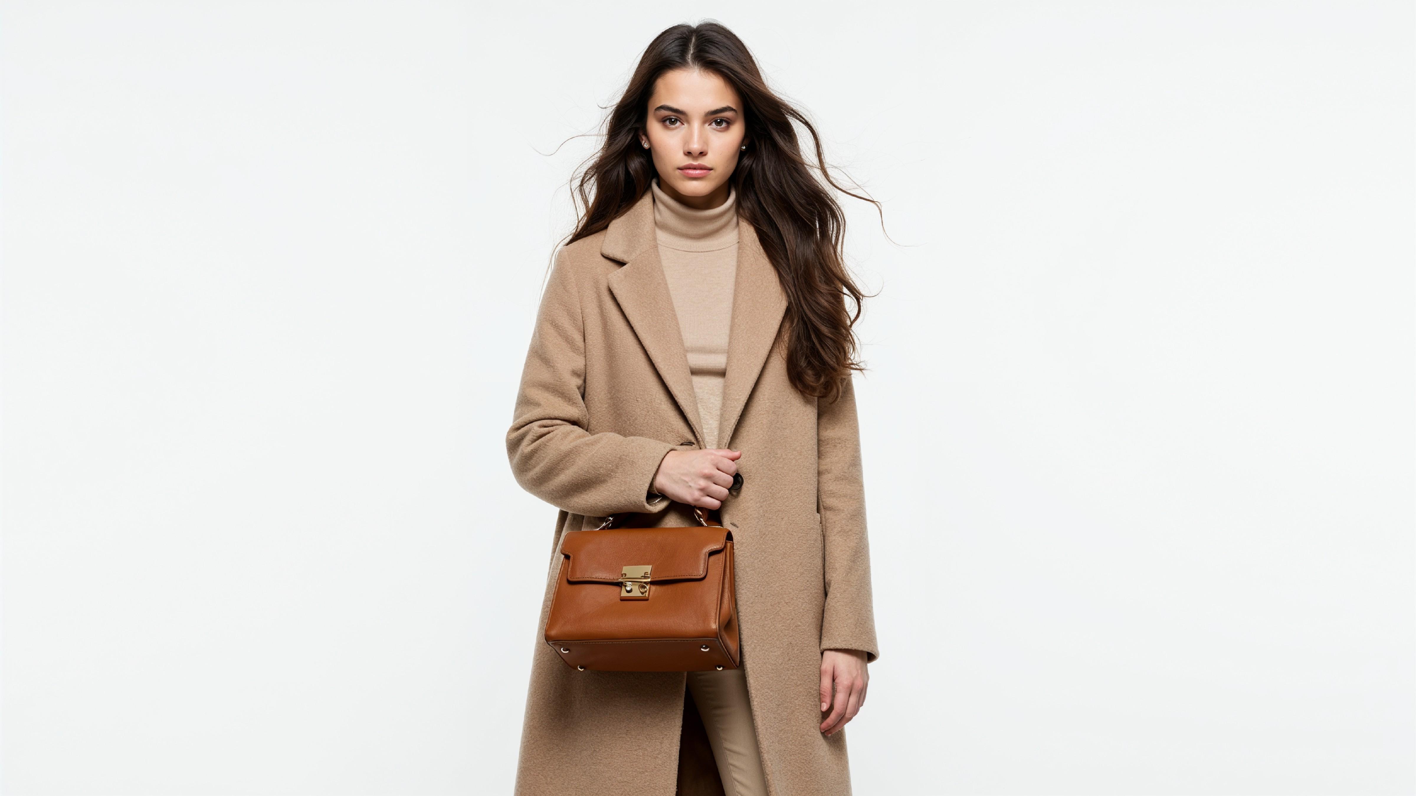 Stylish Young Woman in Beige Coat with Leather Handbag