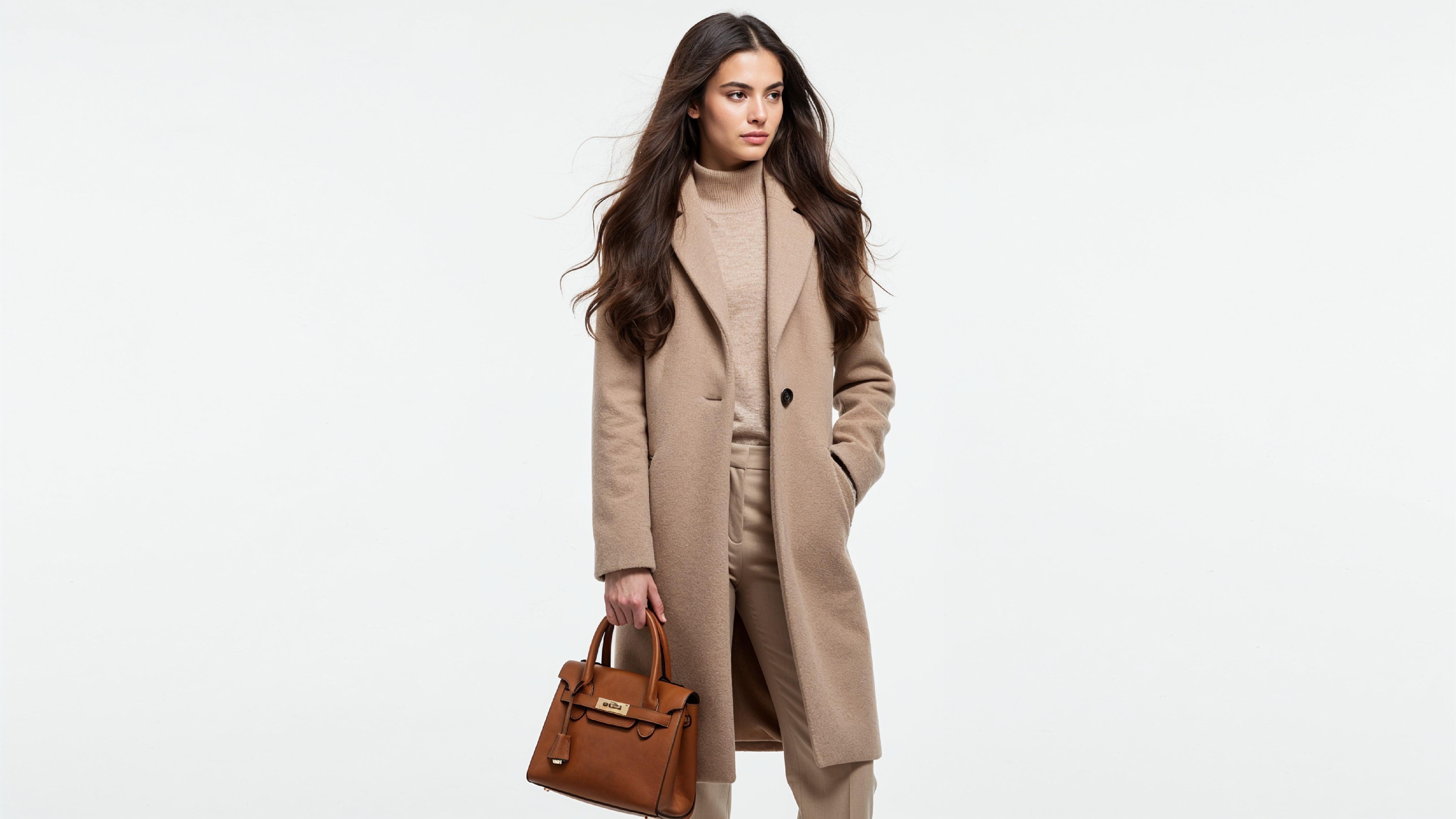Stylish Young Woman in Beige Coat with Leather Handbag