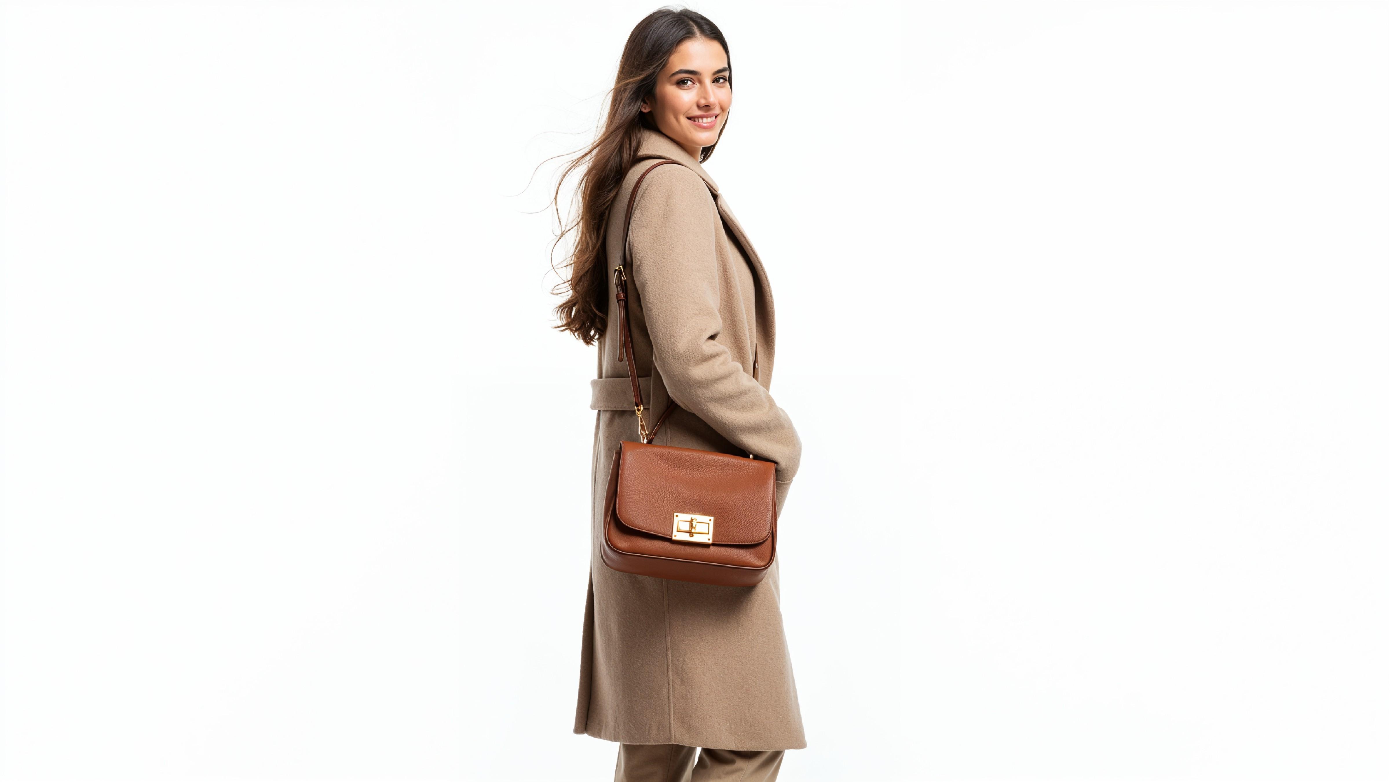 Stylish Young Woman in Beige Coat with Leather Handbag