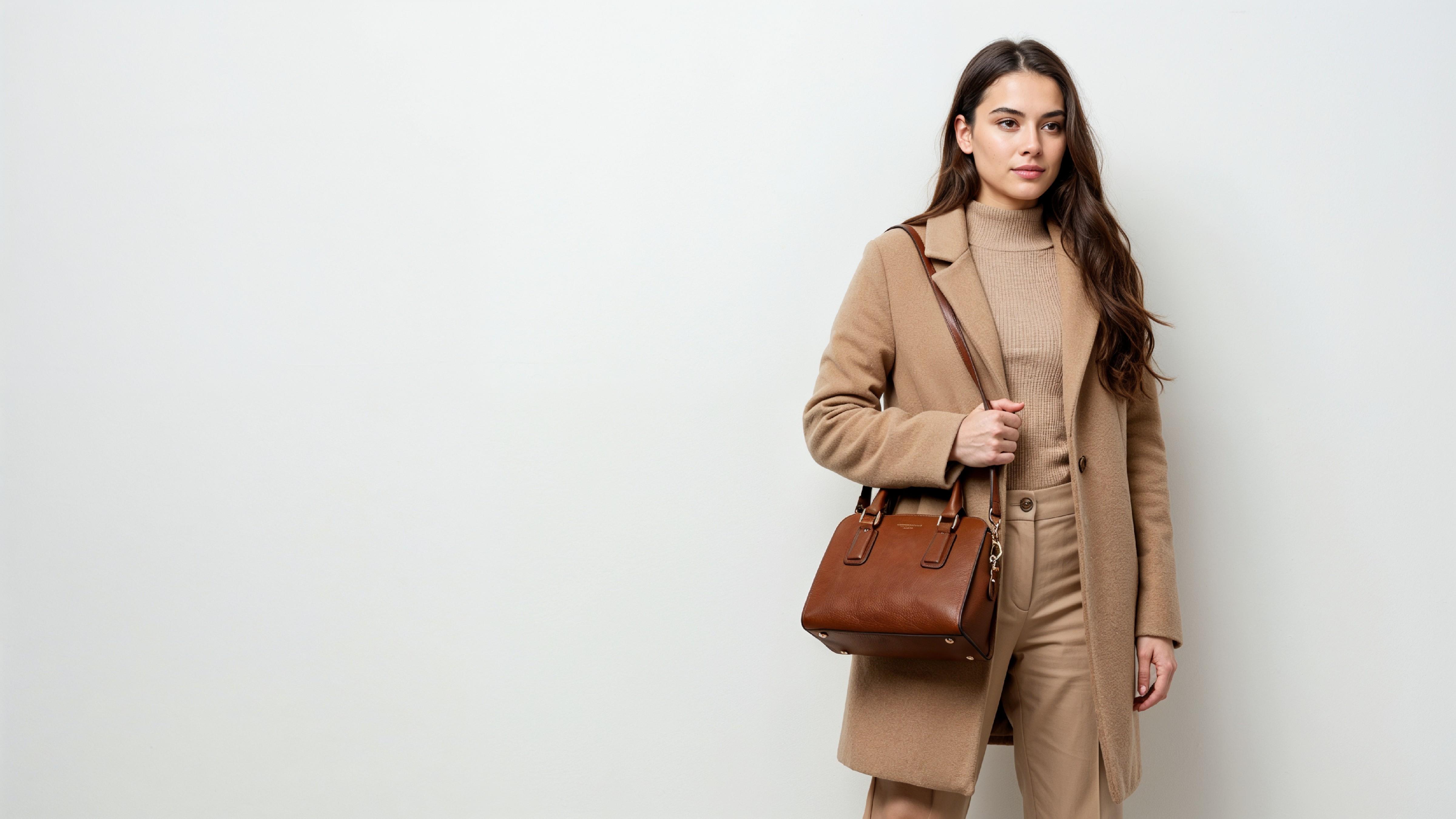 Stylish Young Woman in Beige Coat with Leather Handbag