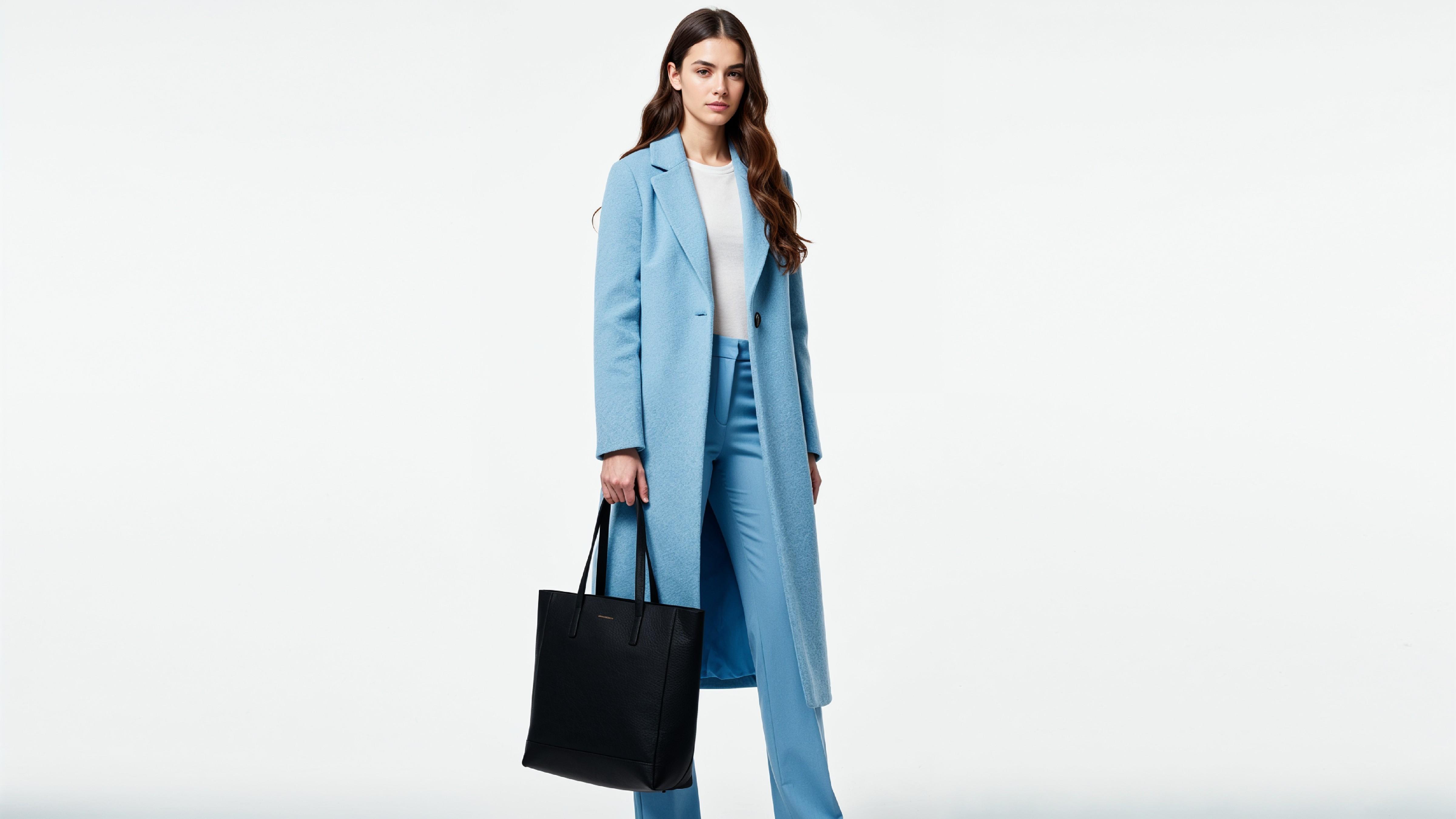 Stylish Young Woman Wearing Sky Blue Coat and Carrying Black Handbag