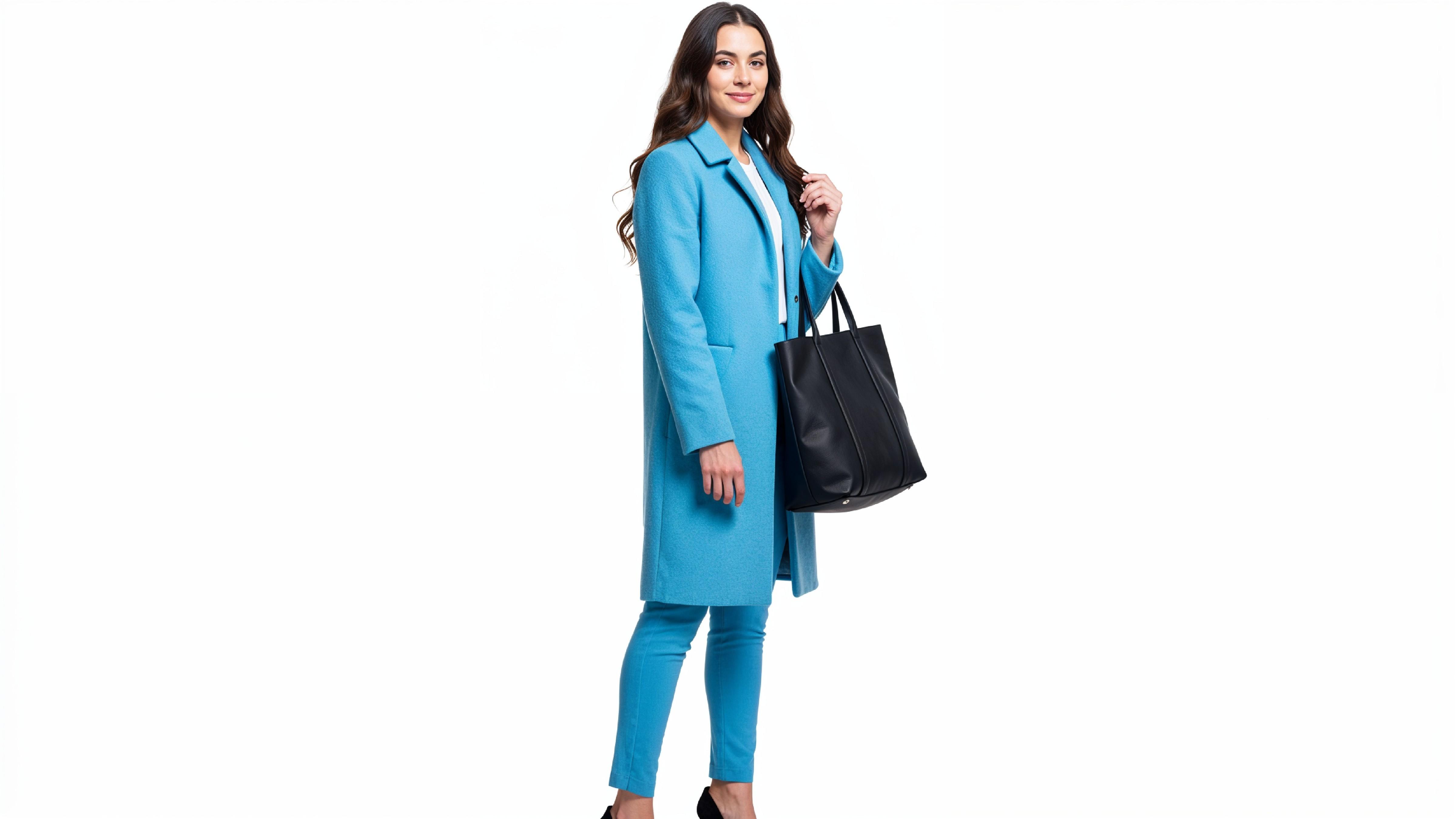 Stylish Young Woman Wearing Sky Blue Coat and Carrying Black Handbag