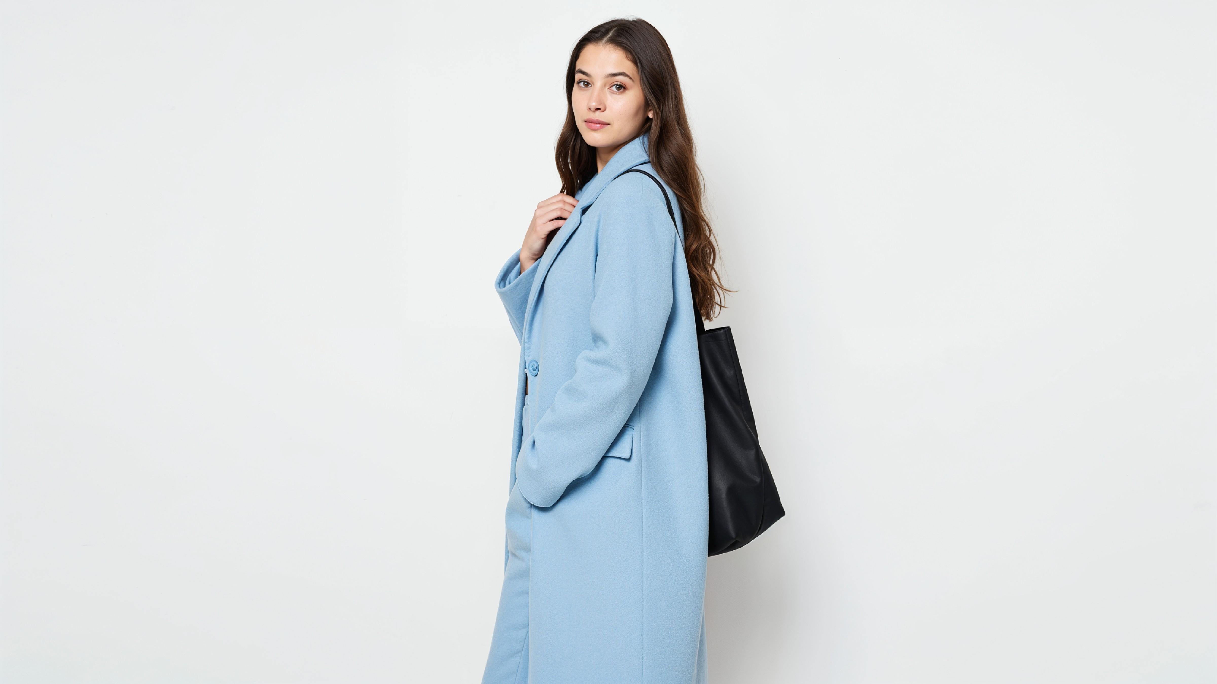 Stylish Young Woman Wearing Sky Blue Coat and Carrying Black Handbag