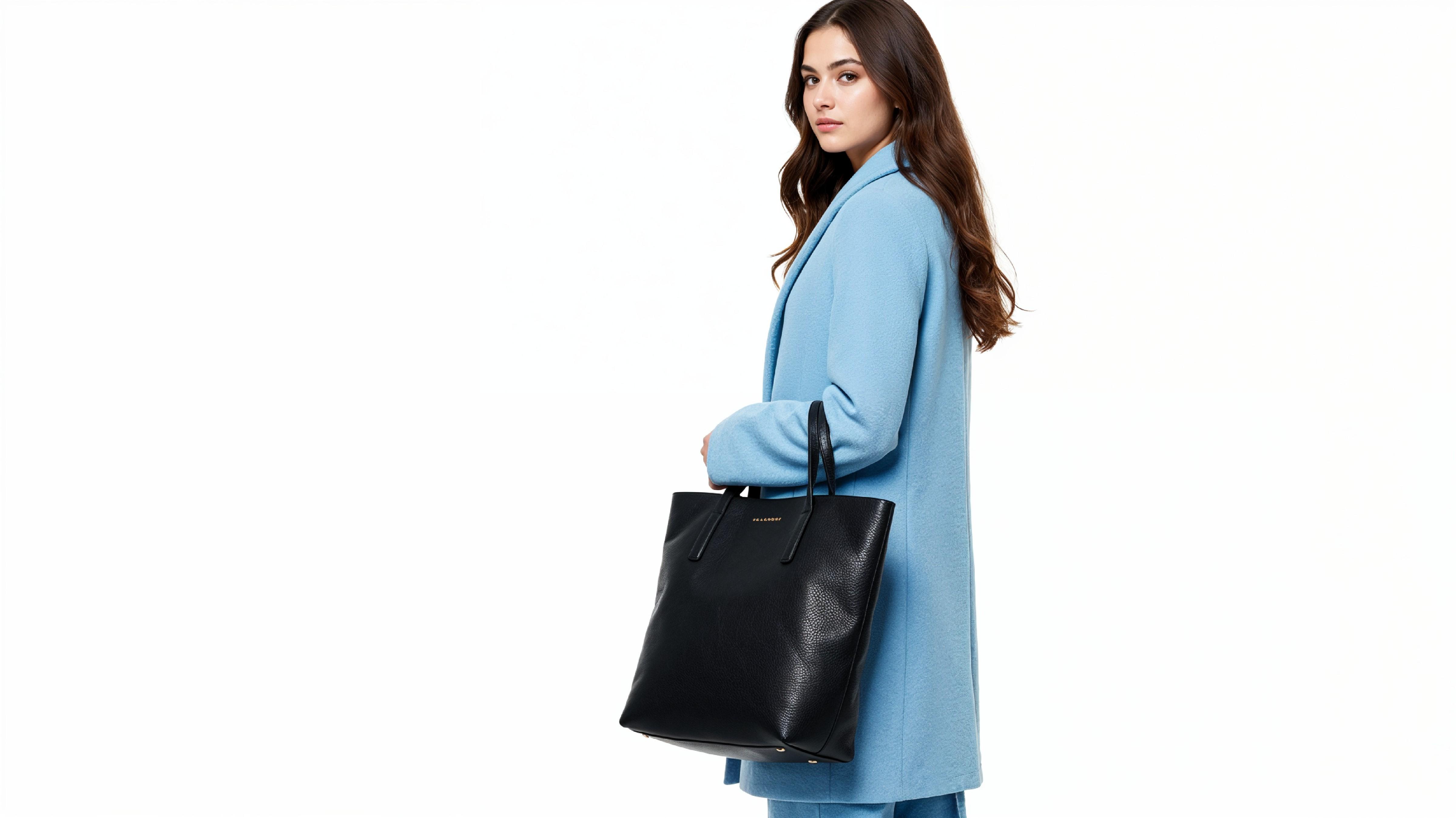 Stylish Young Woman Wearing Sky Blue Coat and Carrying Black Handbag
