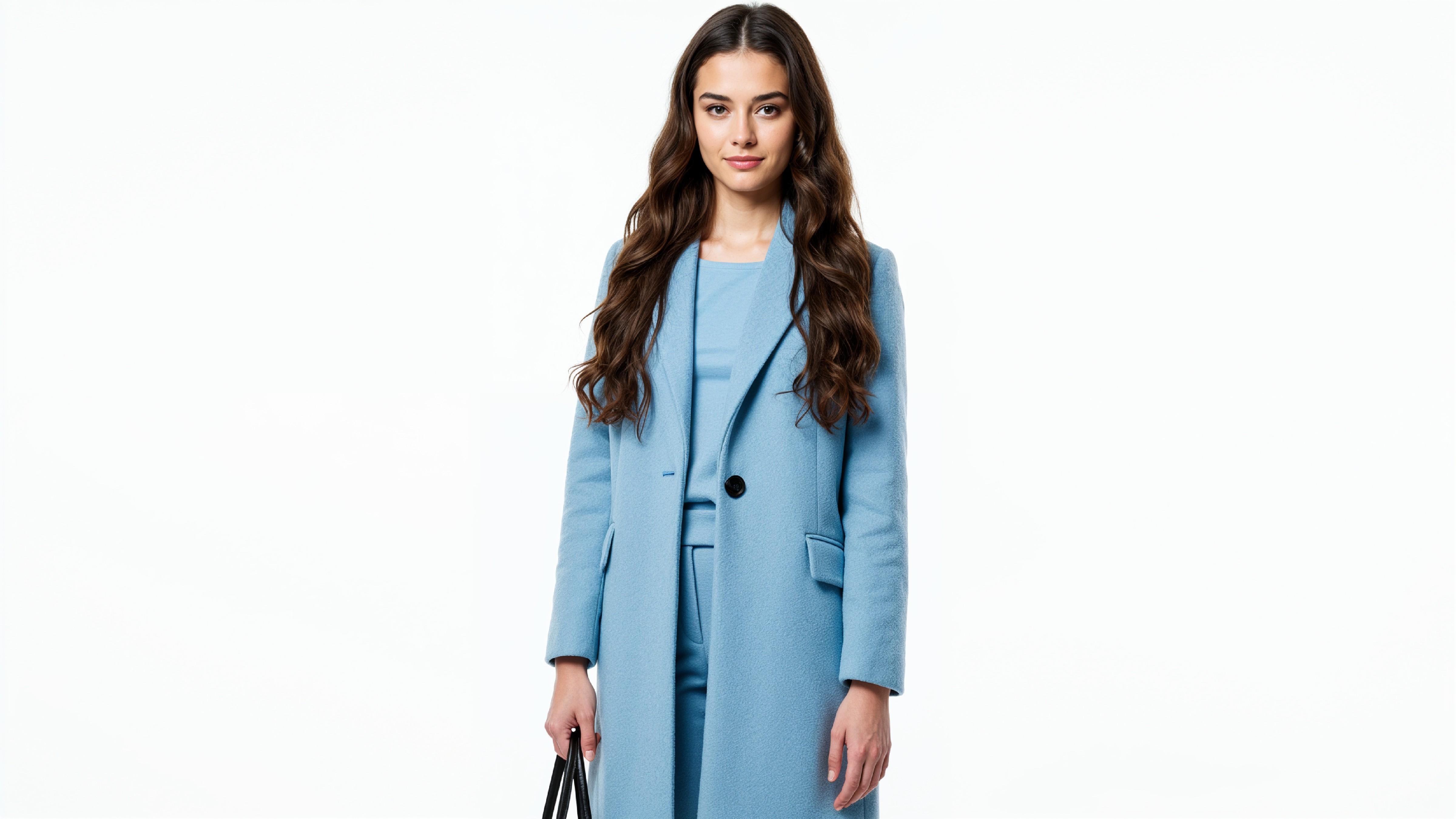 Stylish Young Woman Wearing Sky Blue Coat and Carrying Black Handbag