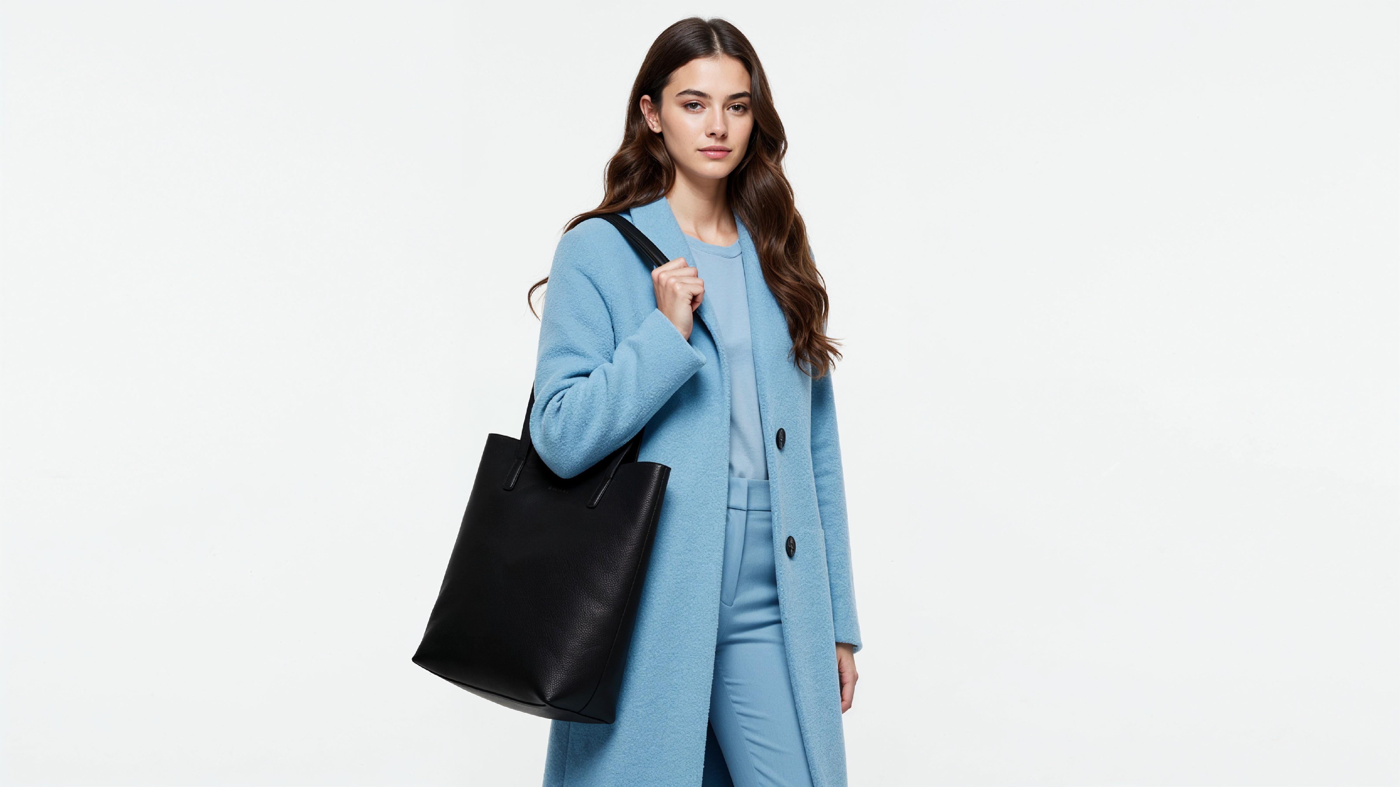 Stylish Young Woman Wearing Sky Blue Coat and Carrying Black Handbag