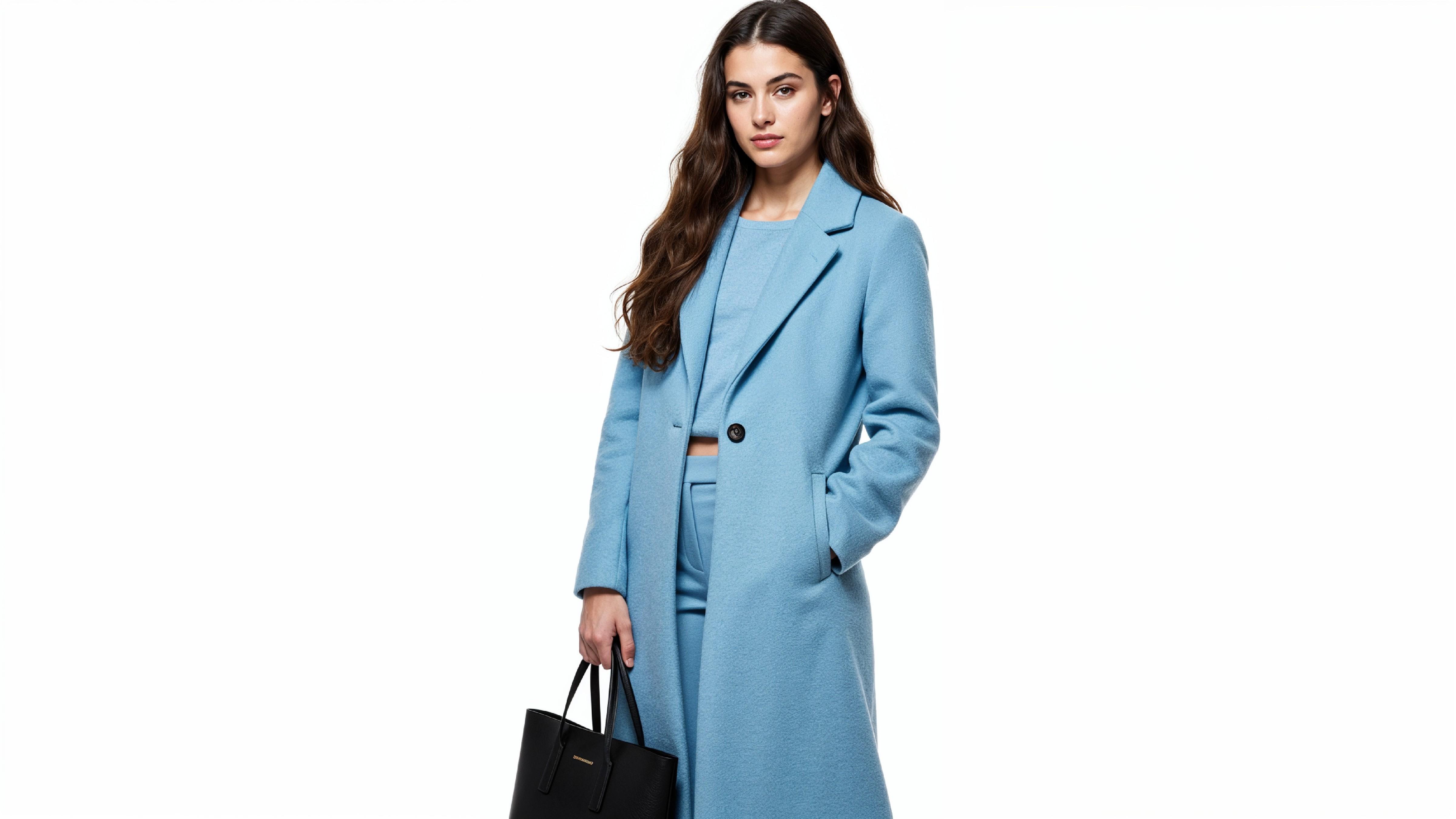 Stylish Young Woman Wearing Sky Blue Coat and Carrying Black Handbag
