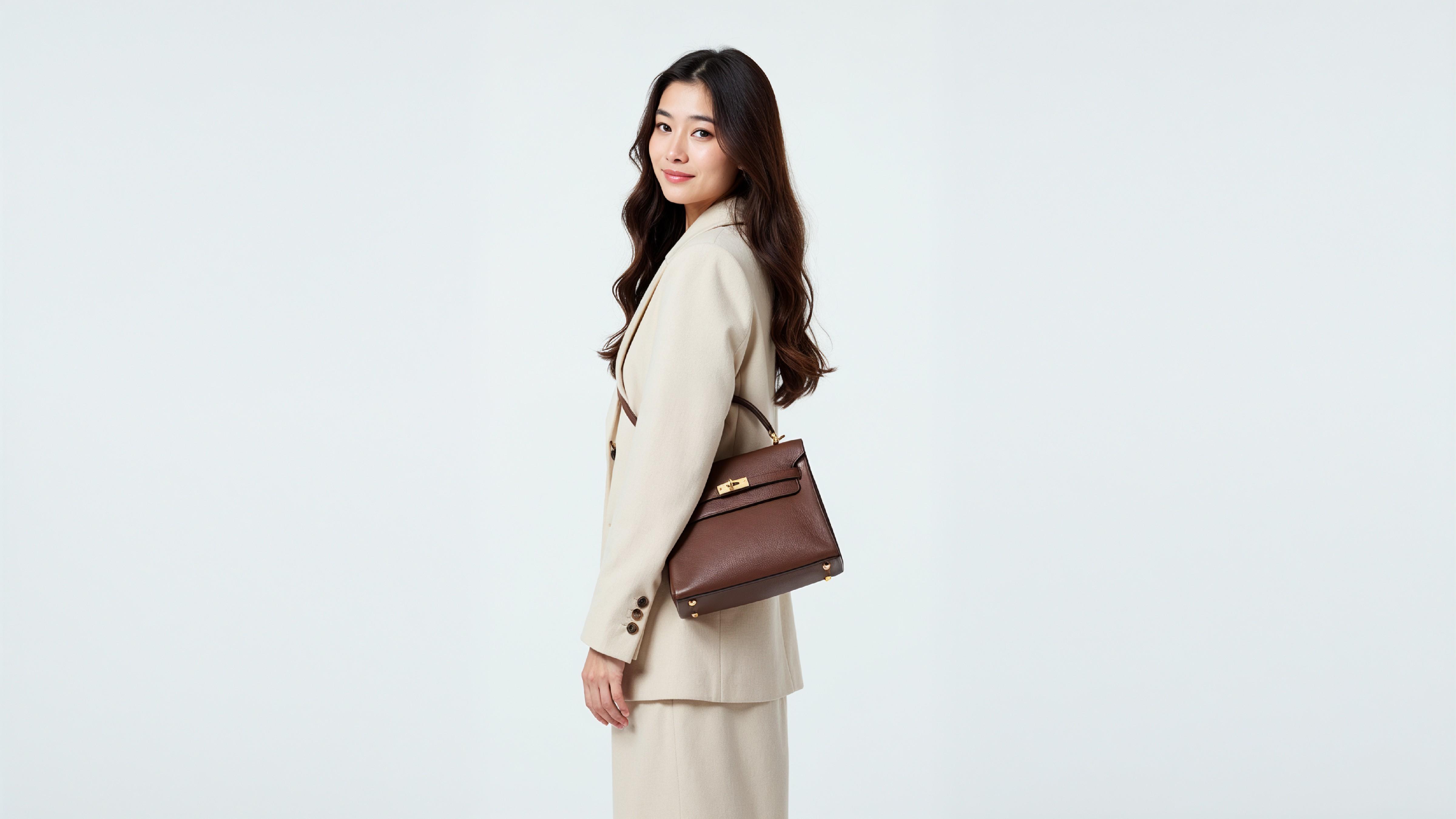 Trendy Young Woman Wearing Cream Coat Pant Suit with Leather Handbag