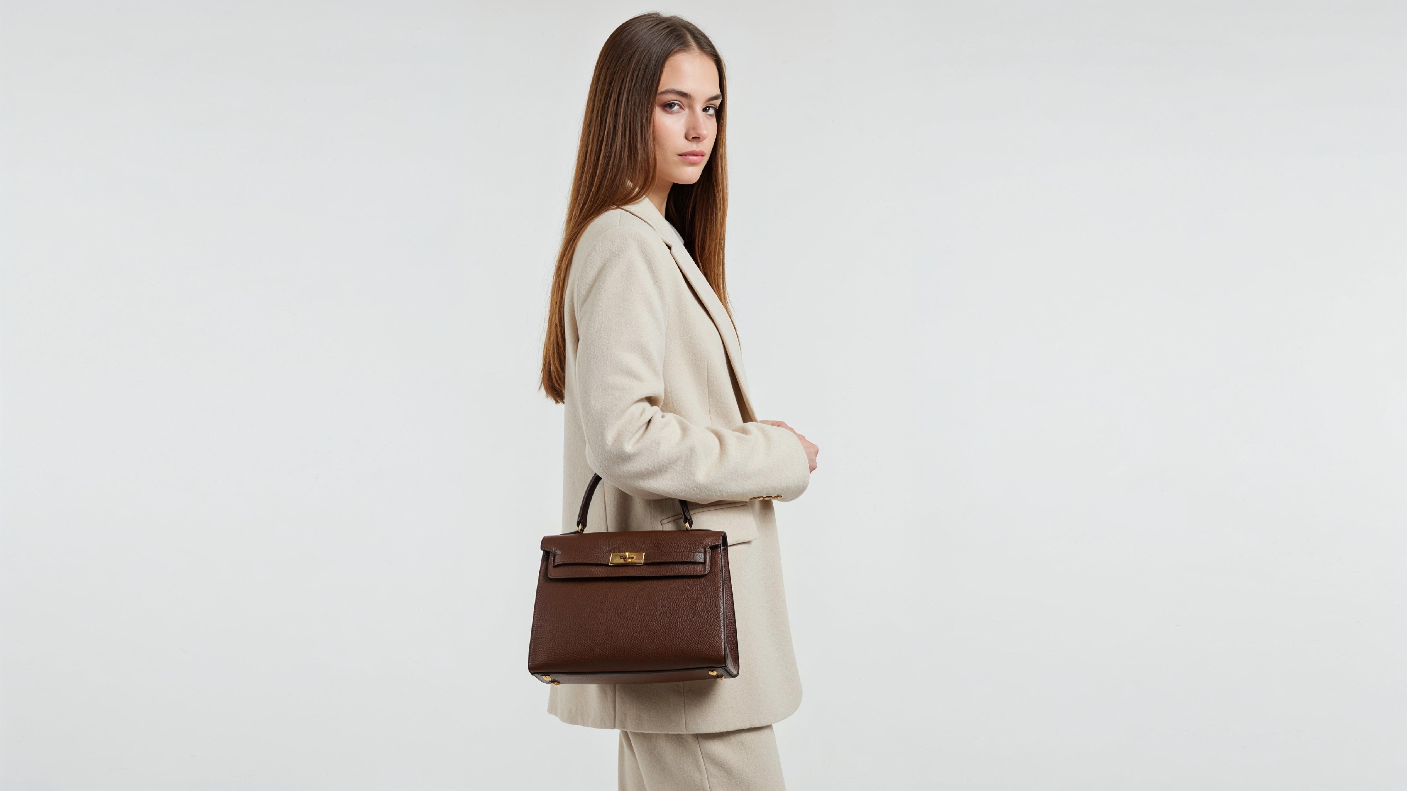 Trendy Young Woman Wearing Cream Coat Pant Suit with Leather Handbag