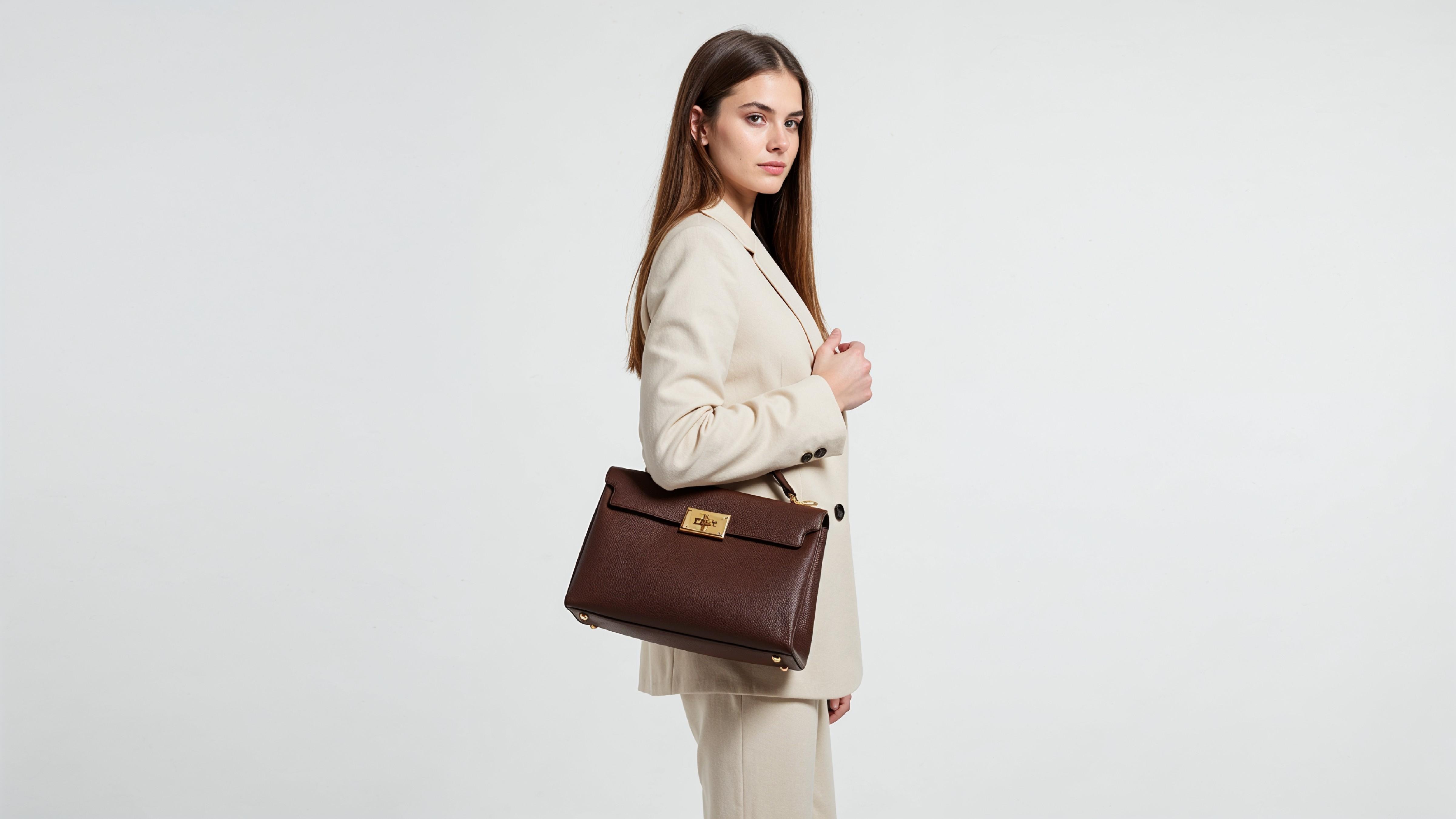 Trendy Young Woman Wearing Cream Coat Pant Suit with Leather Handbag
