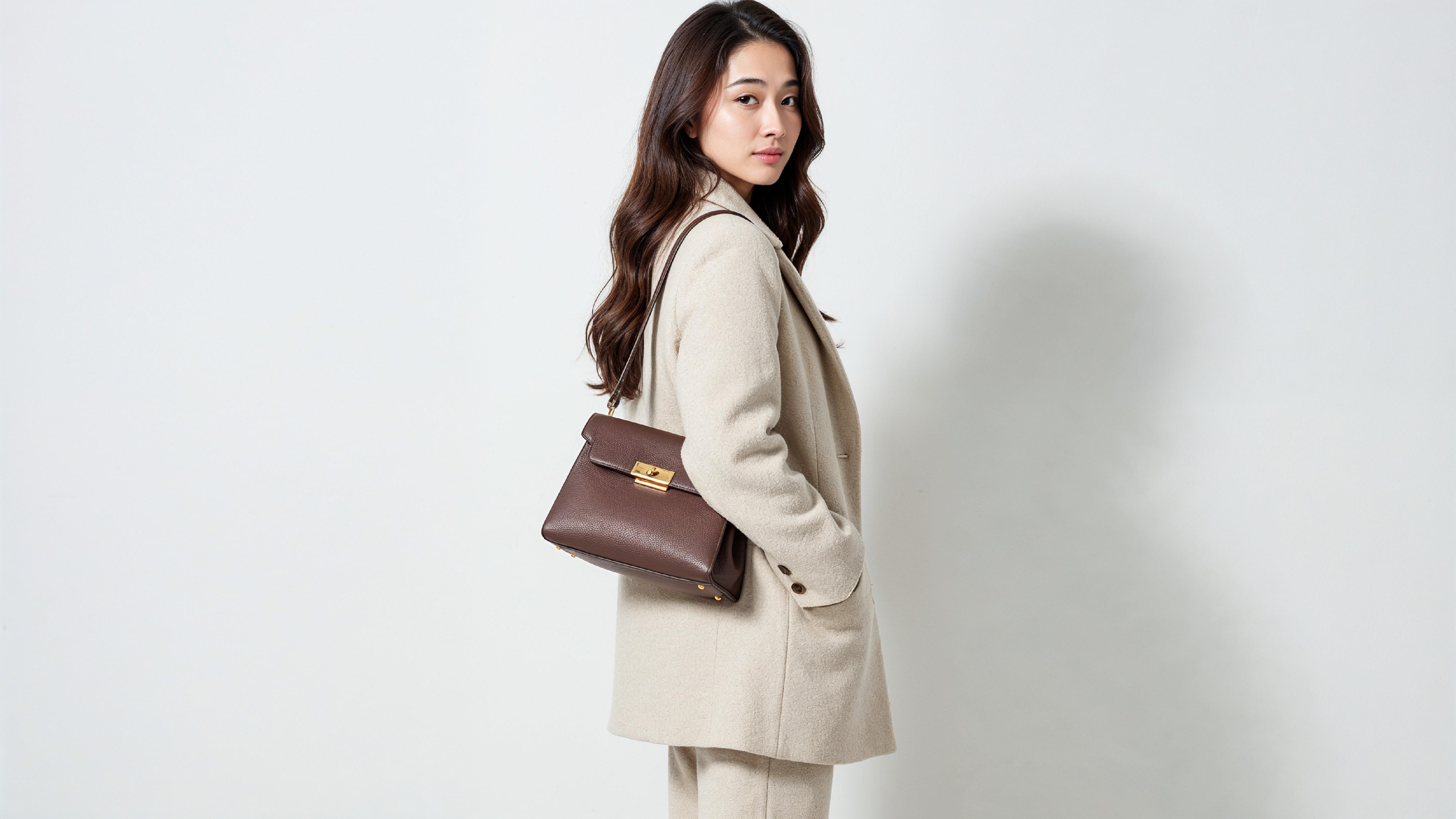 Trendy Young Woman Wearing Cream Coat Pant Suit with Leather Handbag
