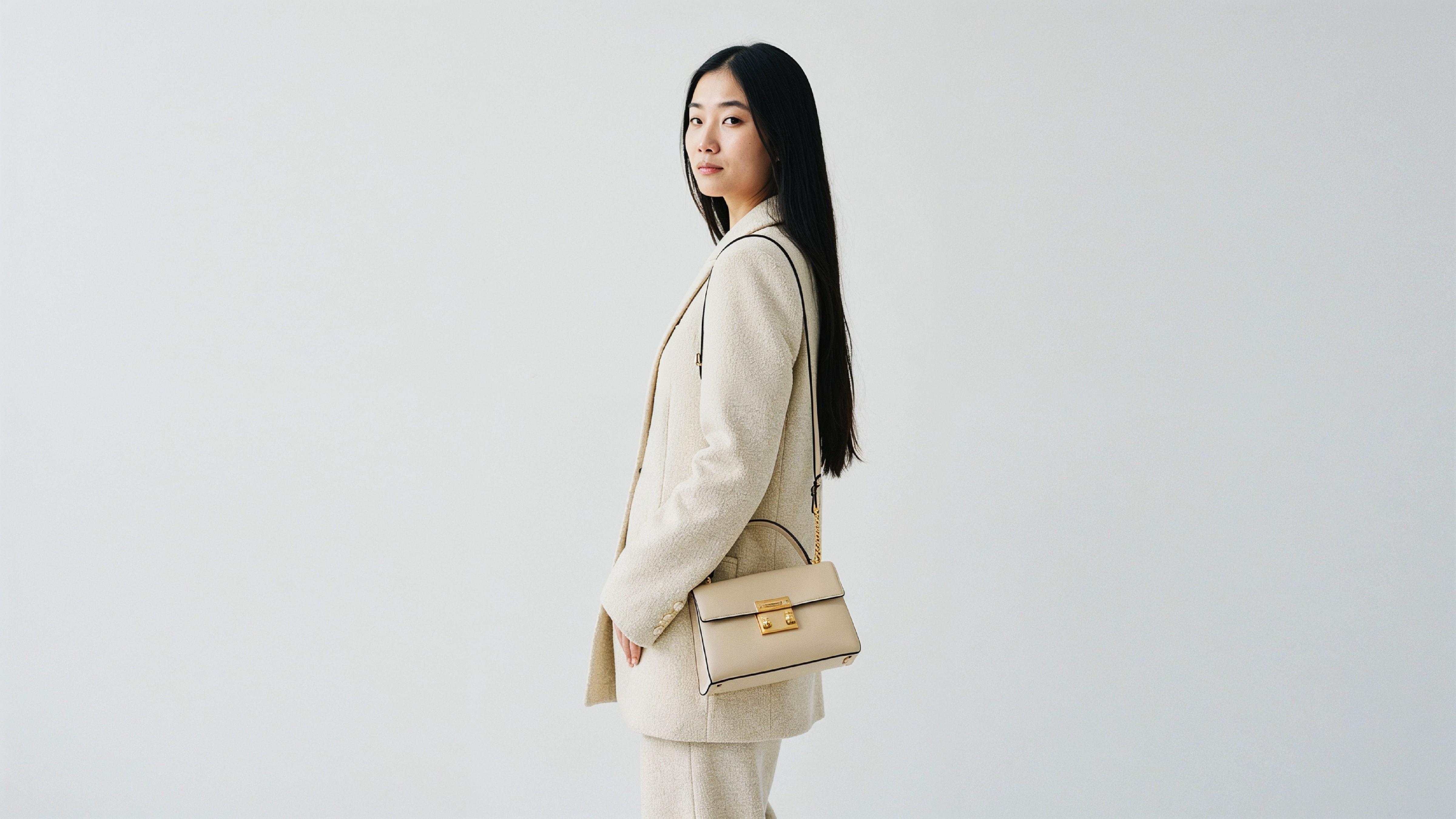 Trendy Young Woman Wearing Cream Coat Pant Suit with Leather Handbag