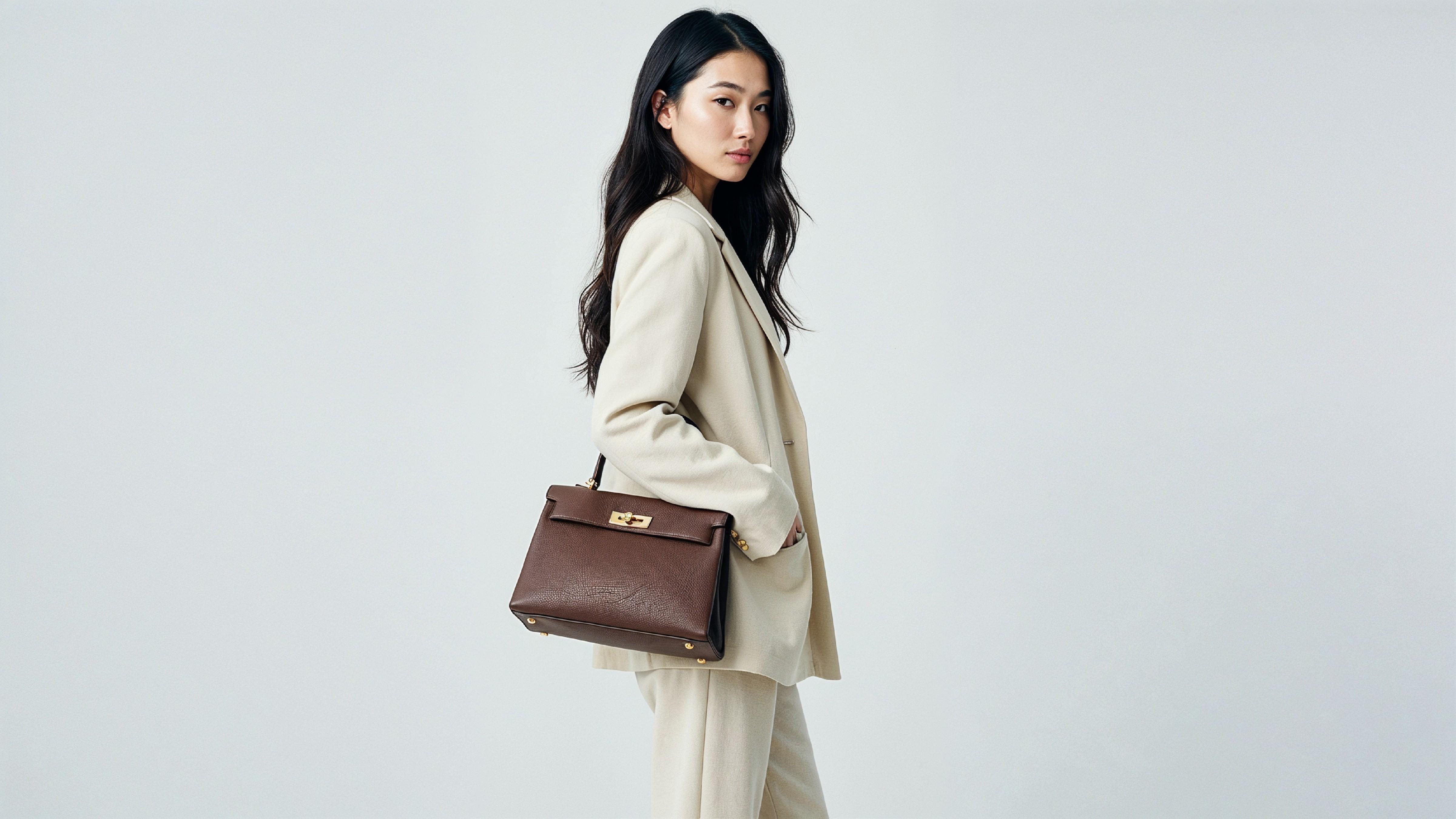Trendy Young Woman Wearing Cream Coat Pant Suit with Leather Handbag