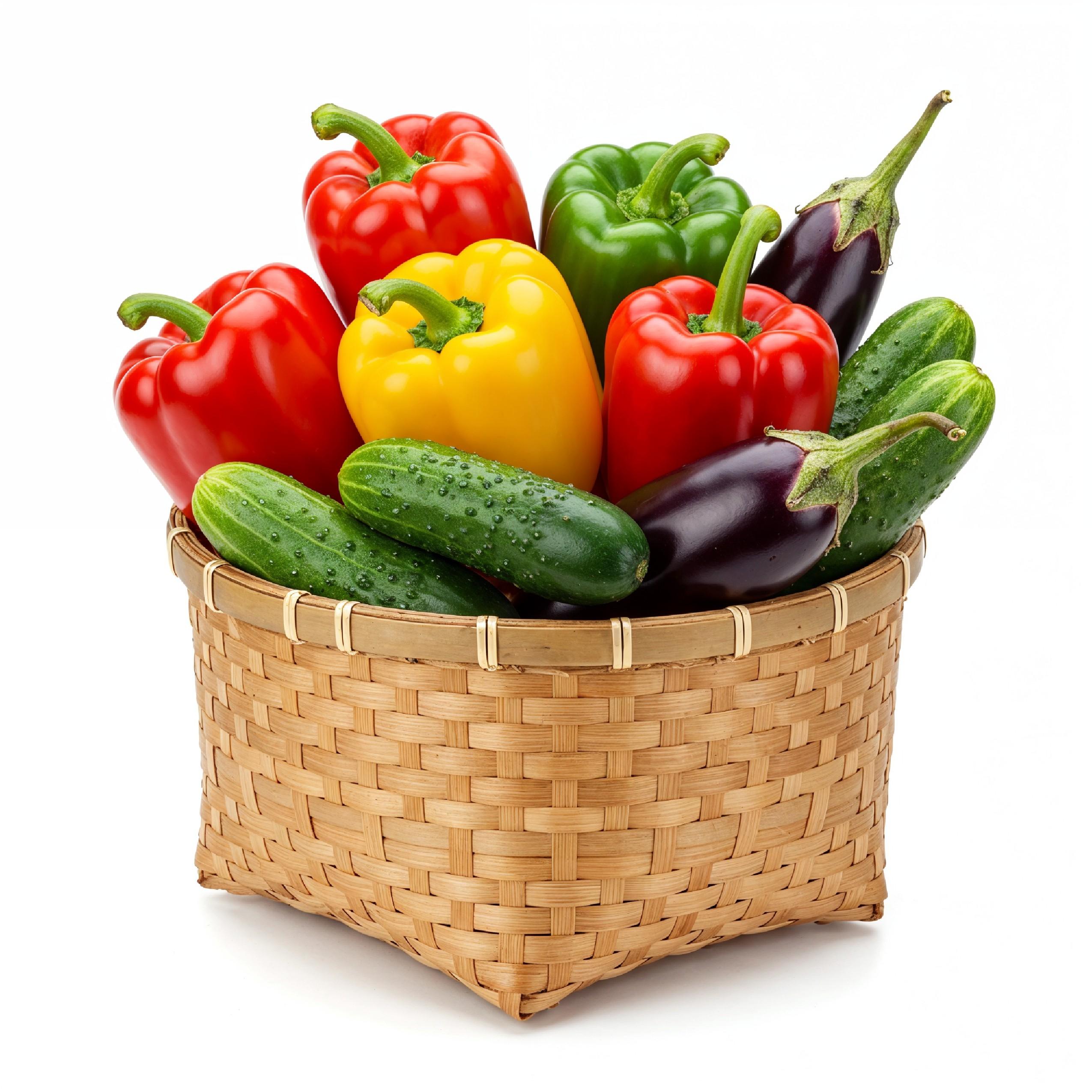 Colorful Fresh Vegetables in Decorative Bamboo Basket Isolated on White Background