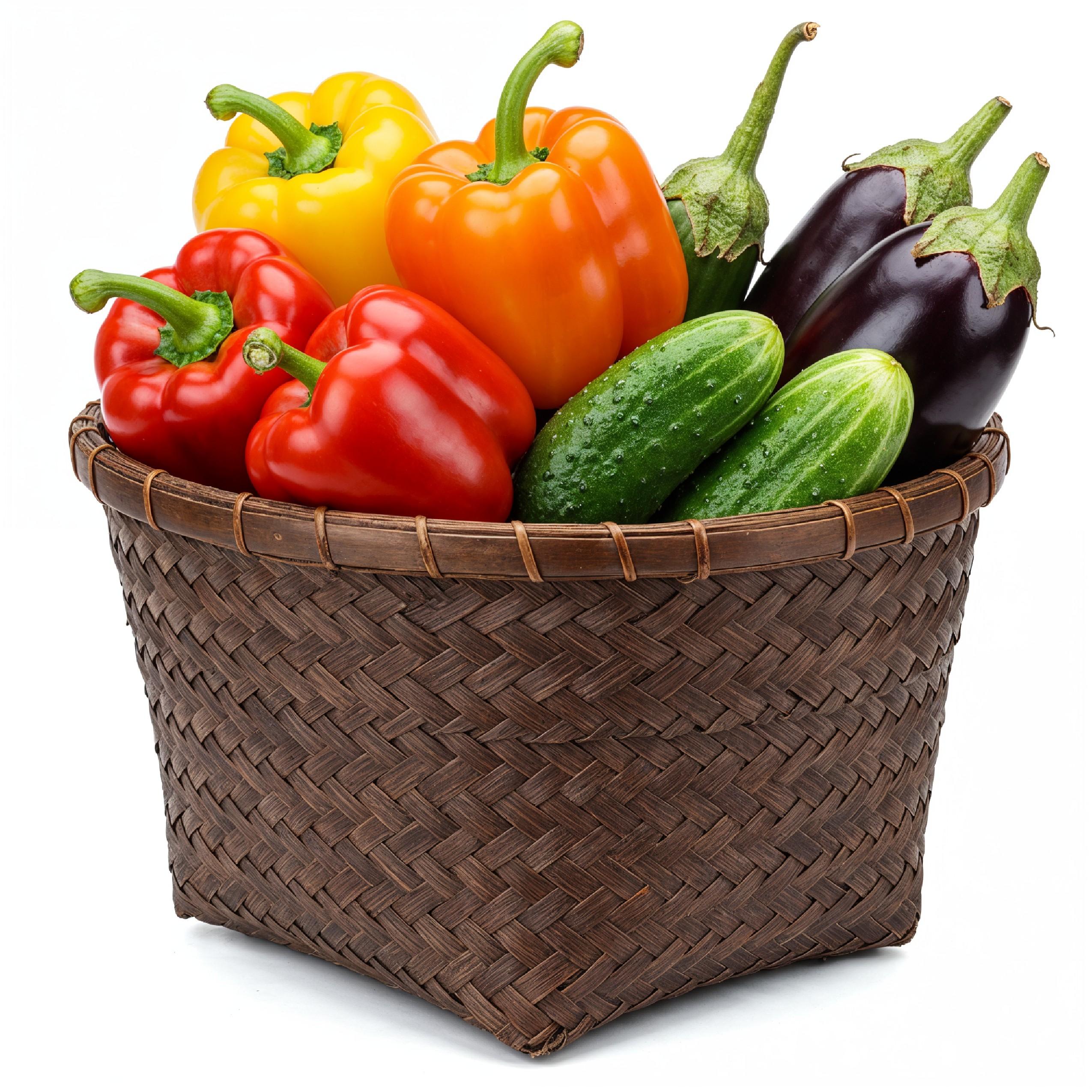 Colorful Fresh Vegetables in Decorative Bamboo Basket Isolated on White Background