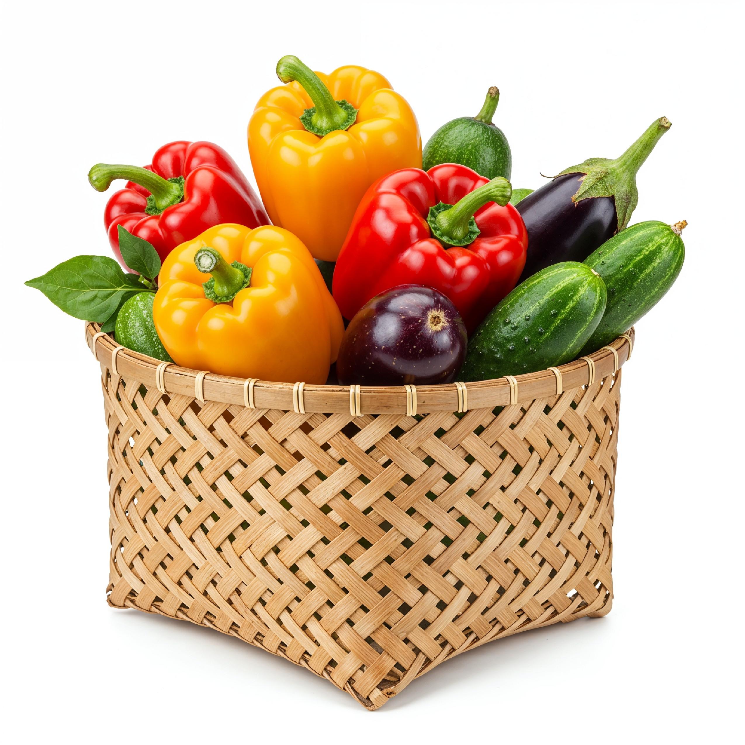 Colorful Fresh Vegetables in Decorative Bamboo Basket Isolated on White Background