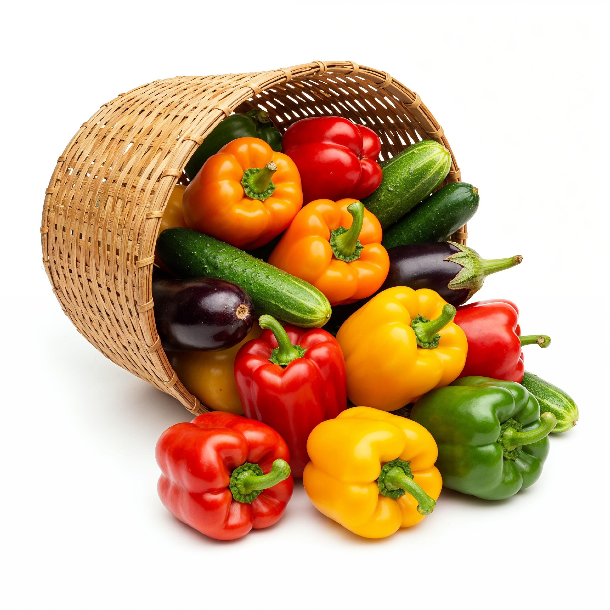 Colorful Fresh Vegetables in Decorative Bamboo Basket Isolated on White Background