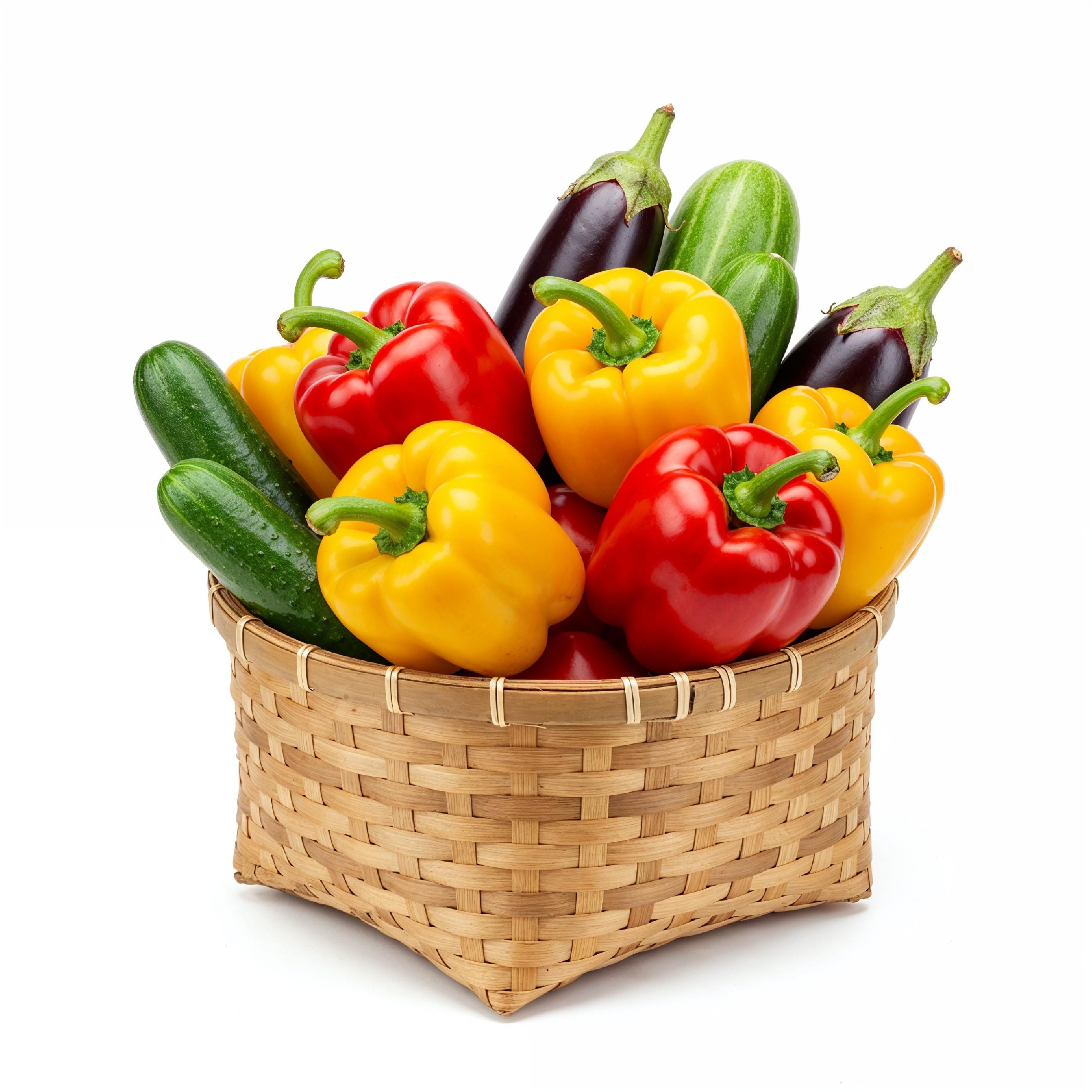 Colorful Fresh Vegetables in Decorative Bamboo Basket Isolated on White Background