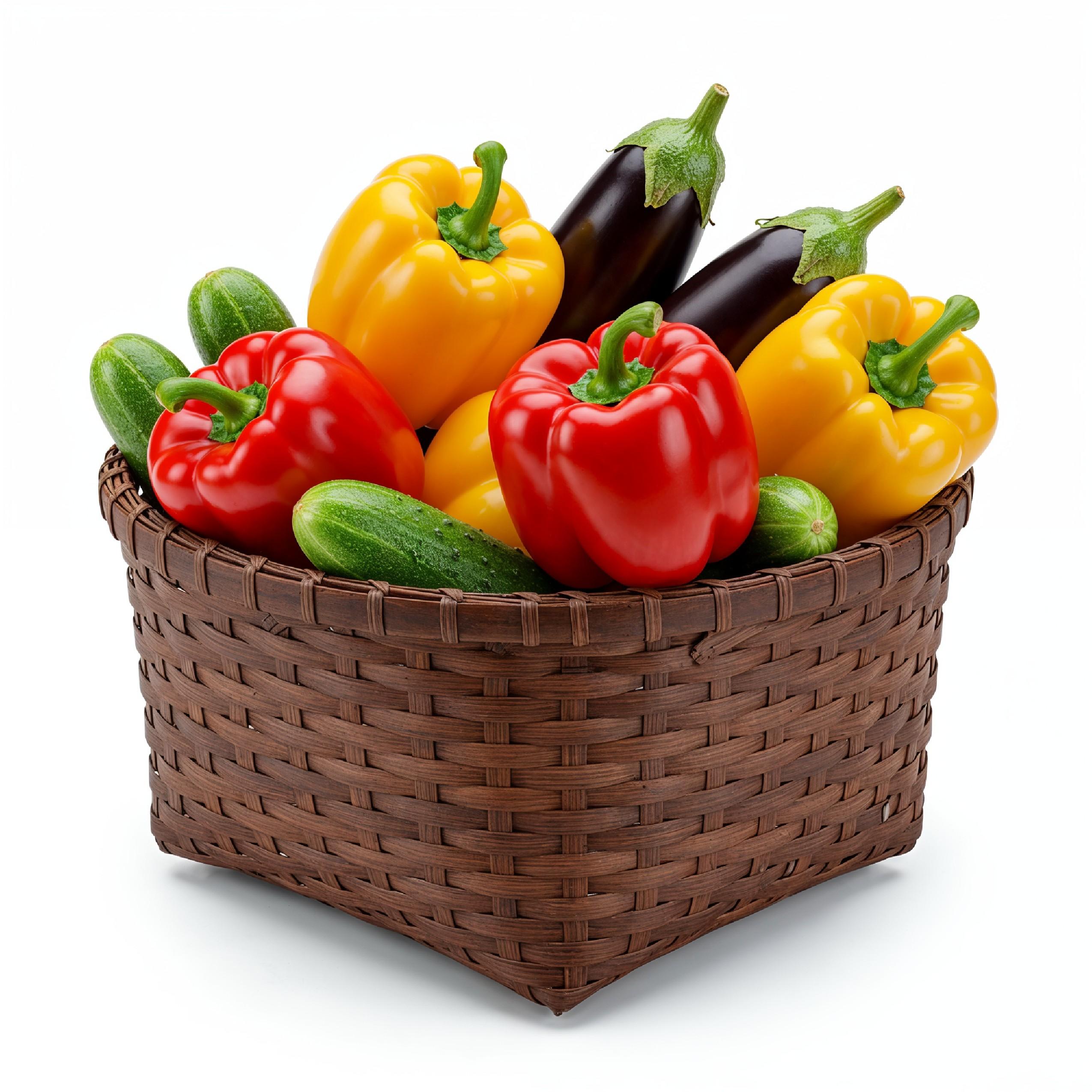 Colorful Fresh Vegetables in Decorative Bamboo Basket Isolated on White Background
