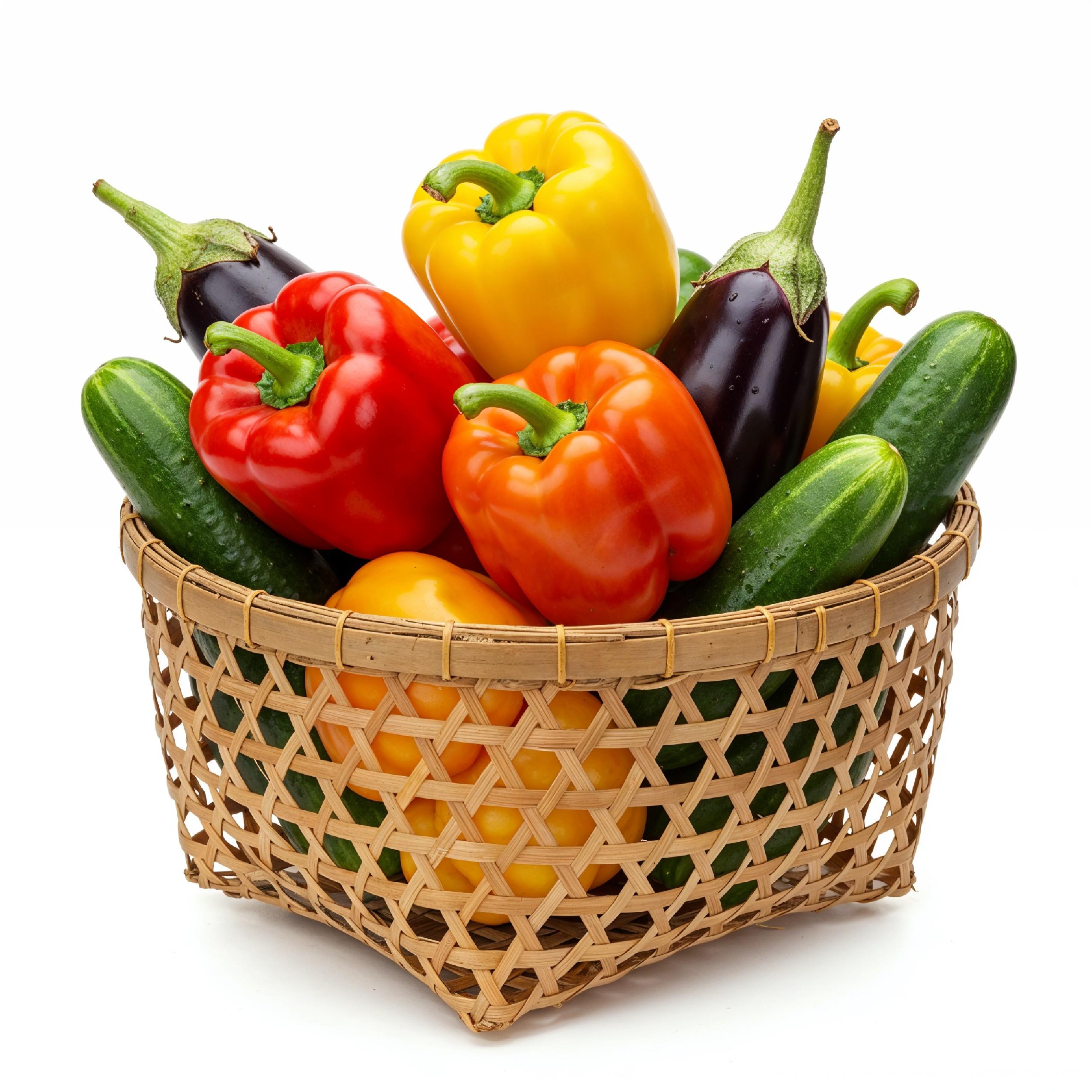 Colorful Fresh Vegetables in Decorative Bamboo Basket Isolated on White Background