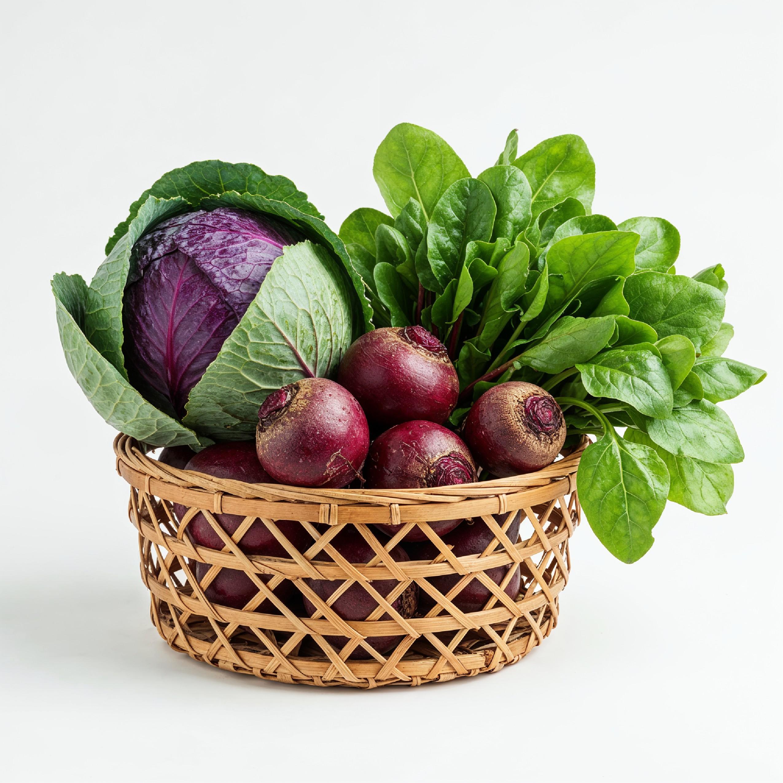 Fresh Cabbage, Beetroot and Leafy Greens in Wicker Basket Isolated on White Background