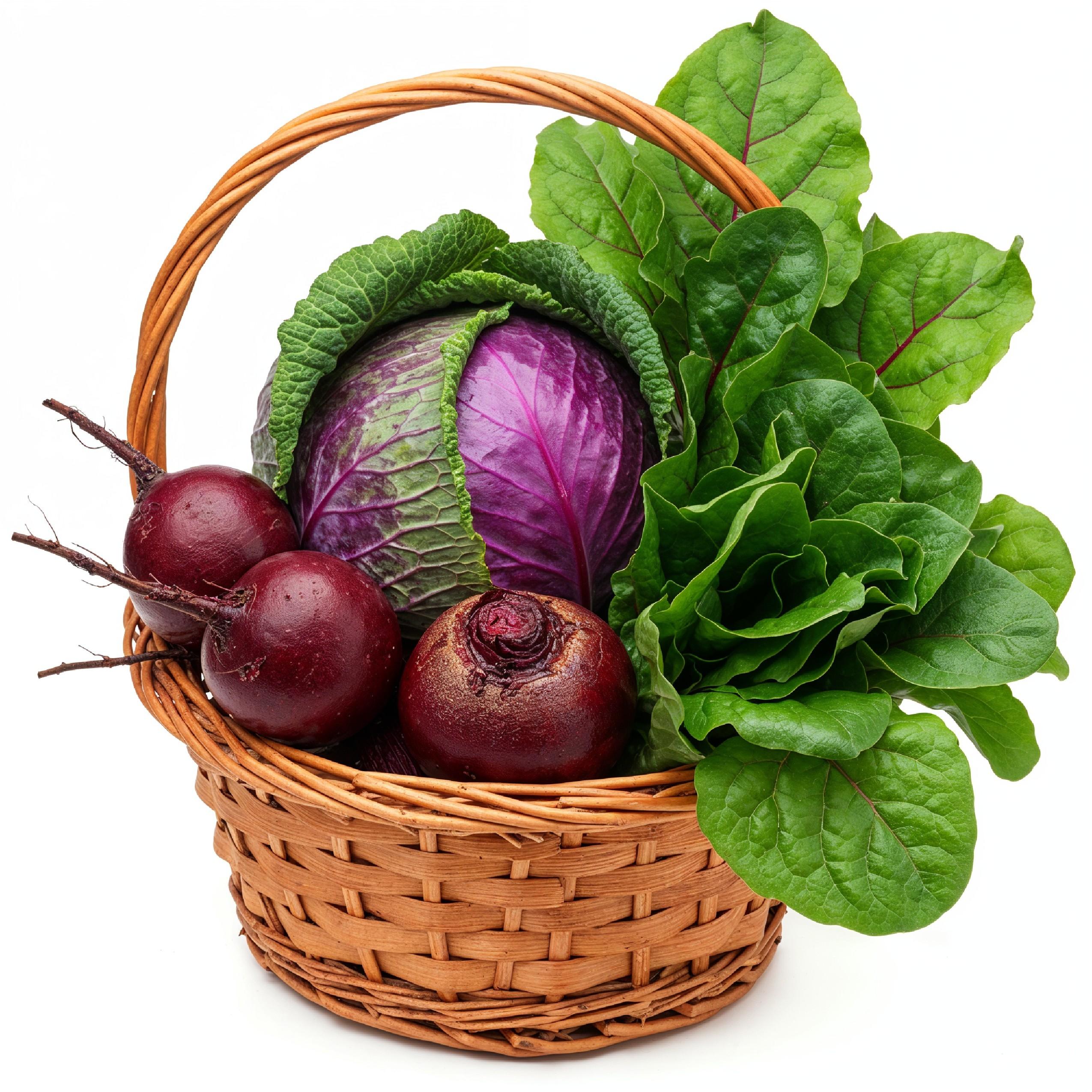 Fresh Cabbage, Beetroot and Leafy Greens in Wicker Basket Isolated on White Background