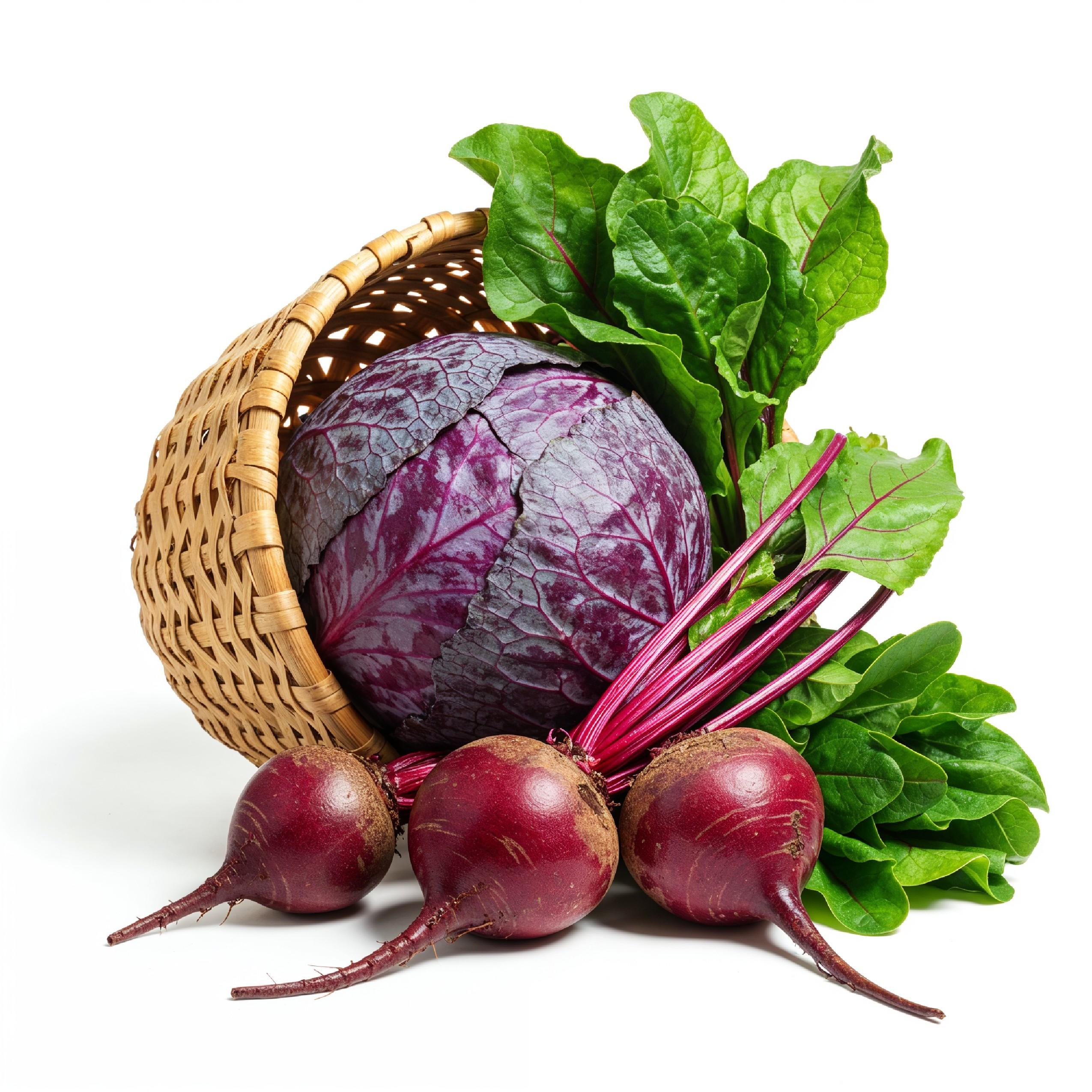 Fresh Cabbage, Beetroot and Leafy Greens in Wicker Basket Isolated on White Background