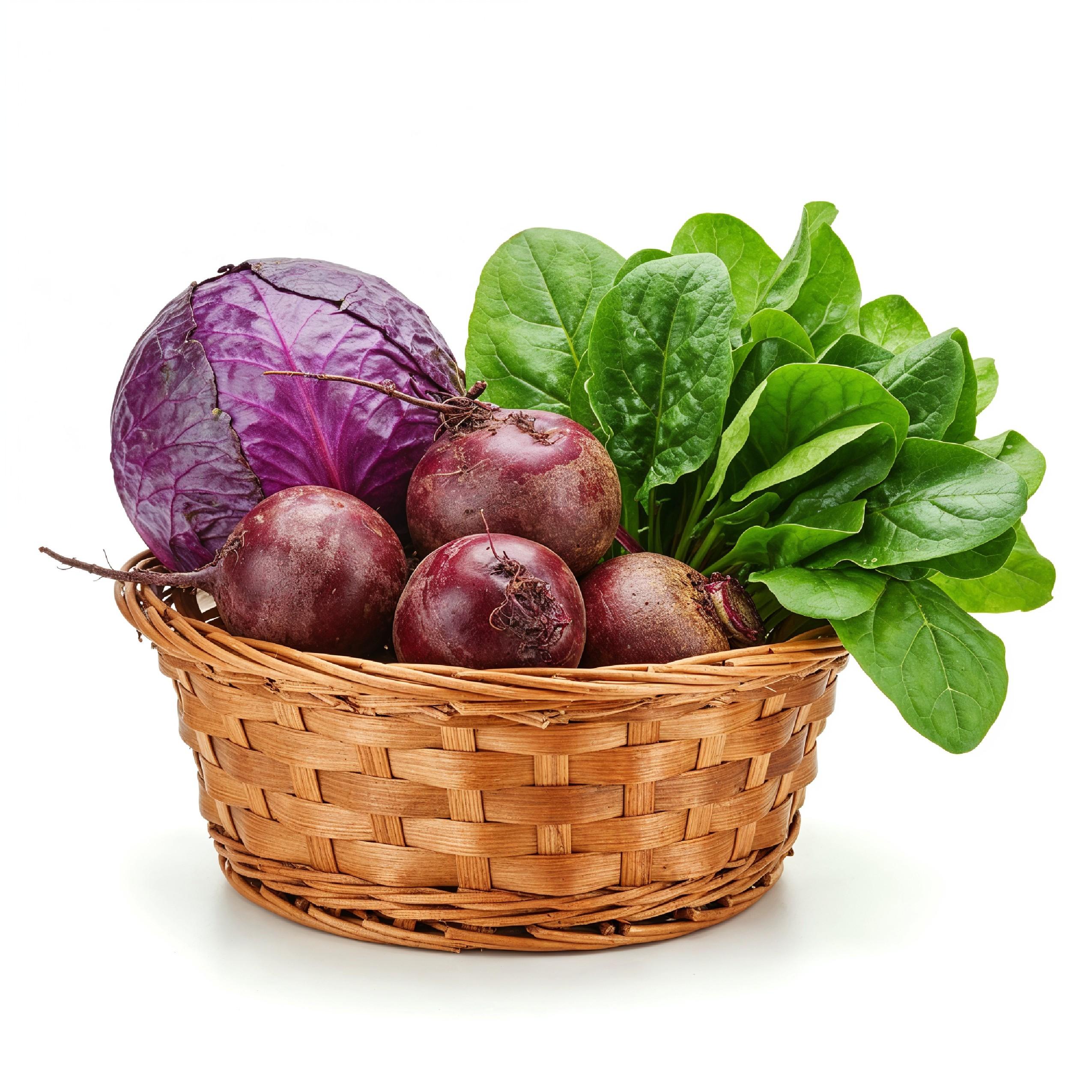 Fresh Cabbage, Beetroot and Leafy Greens in Wicker Basket Isolated on White Background