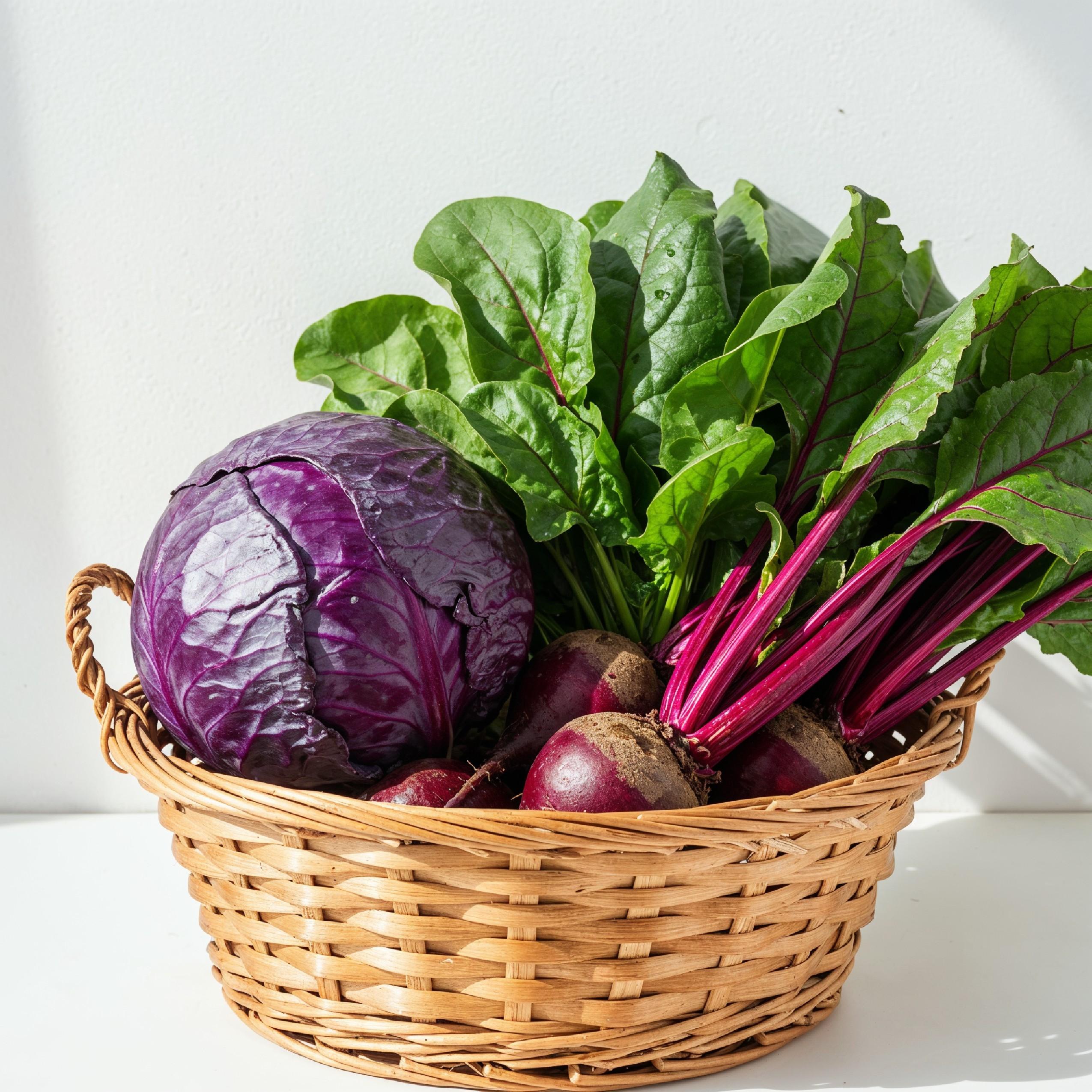 Fresh Cabbage, Beetroot and Leafy Greens in Wicker Basket Isolated on White Background
