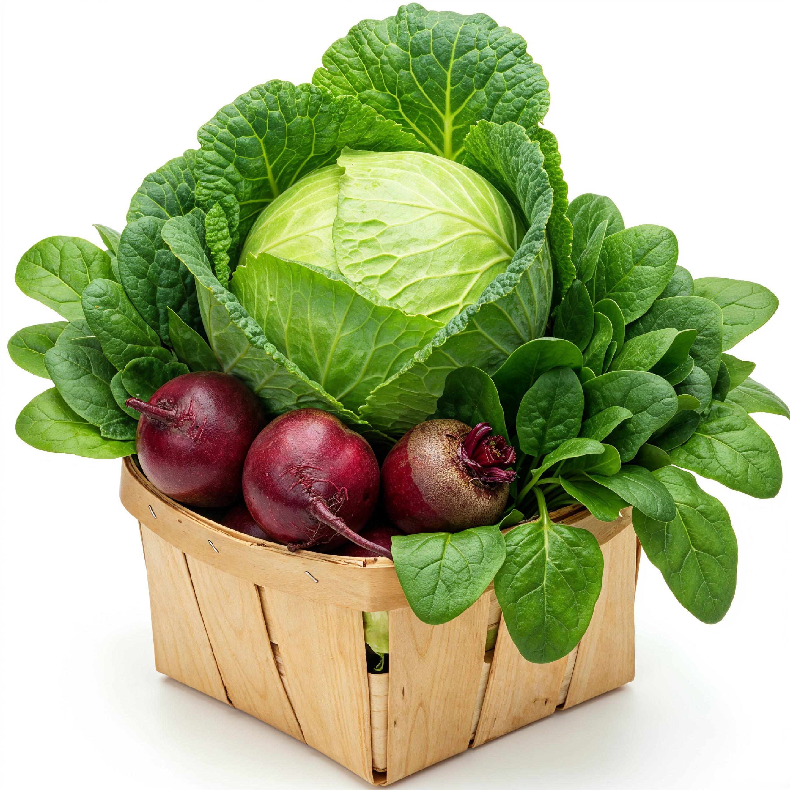Fresh Cabbage, Beetroot and Leafy Greens in Wicker Basket Isolated on White Background