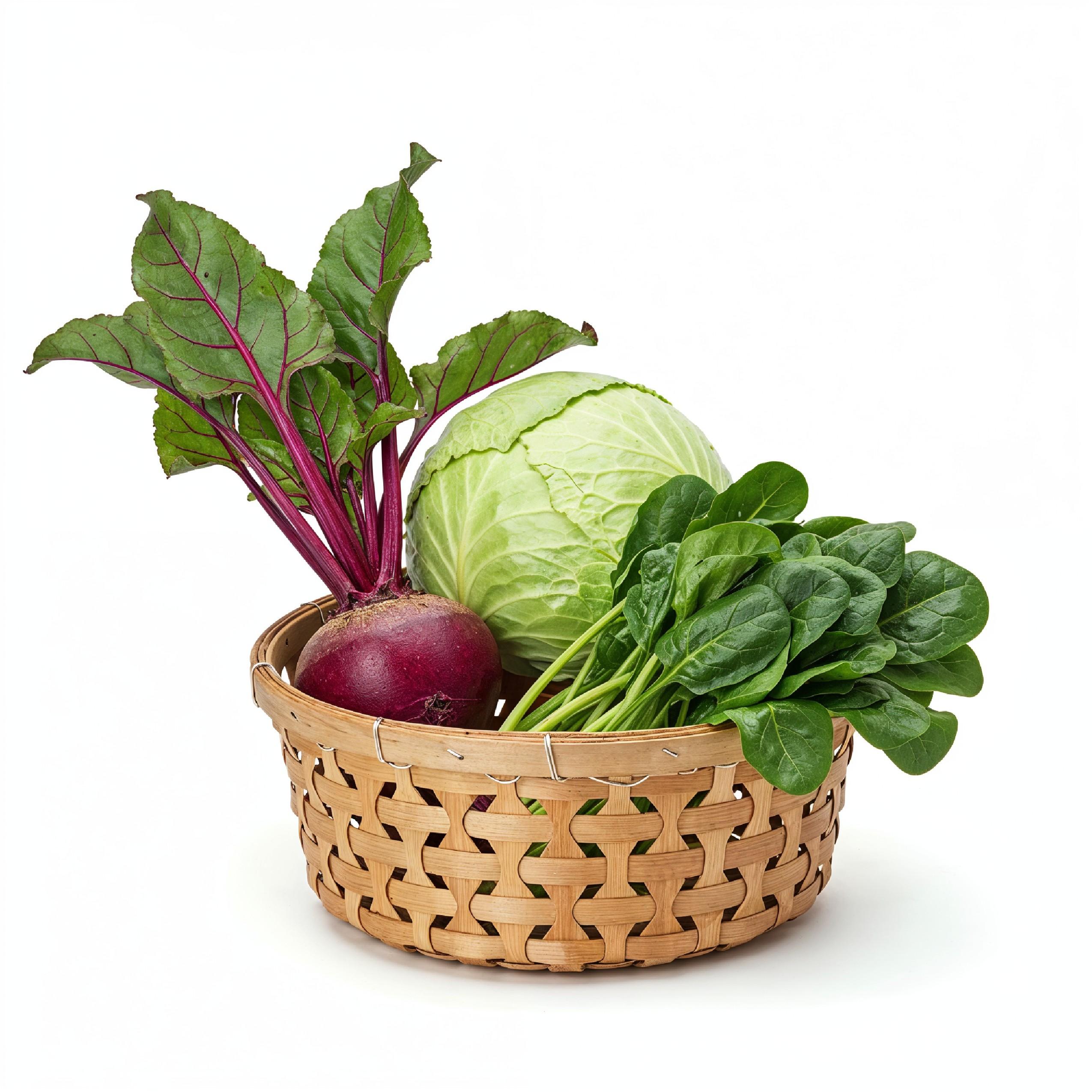 Fresh Cabbage, Beetroot and Leafy Greens in Wicker Basket Isolated on White Background