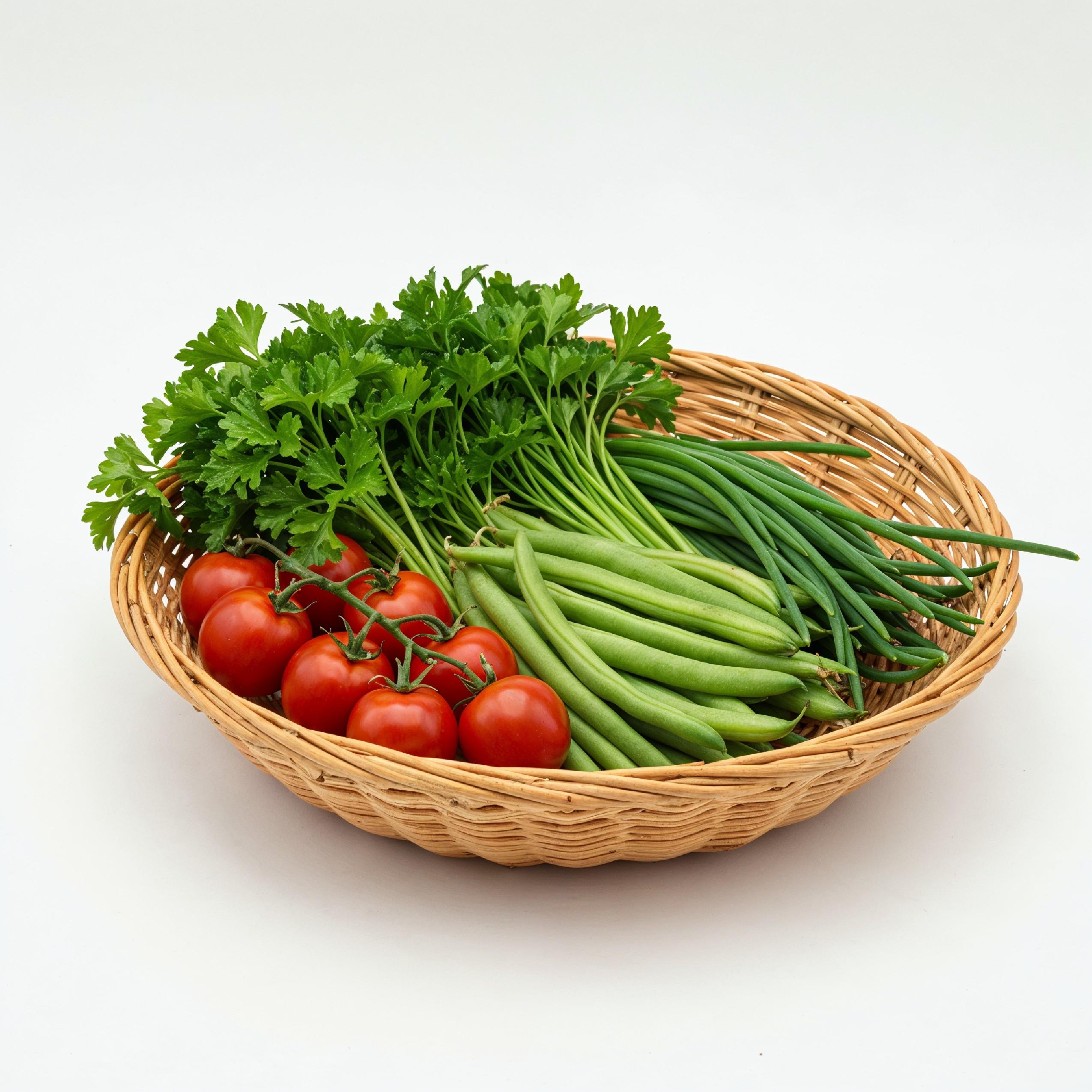 Fresh Cherry Tomatoes and Green Beans in Woven Tray Basket Isolated on White Background