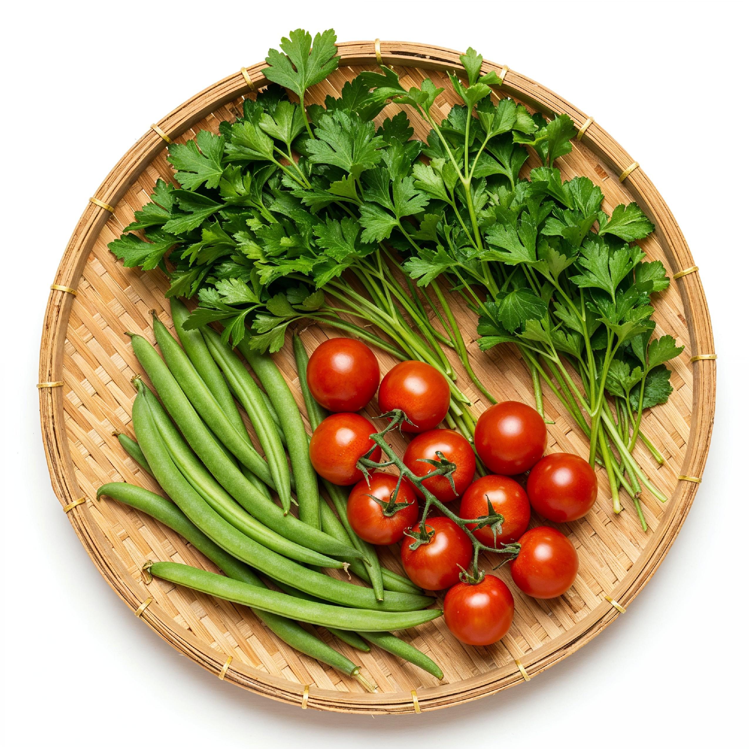 Fresh Cherry Tomatoes and Green Beans in Woven Tray Basket Isolated on White Background