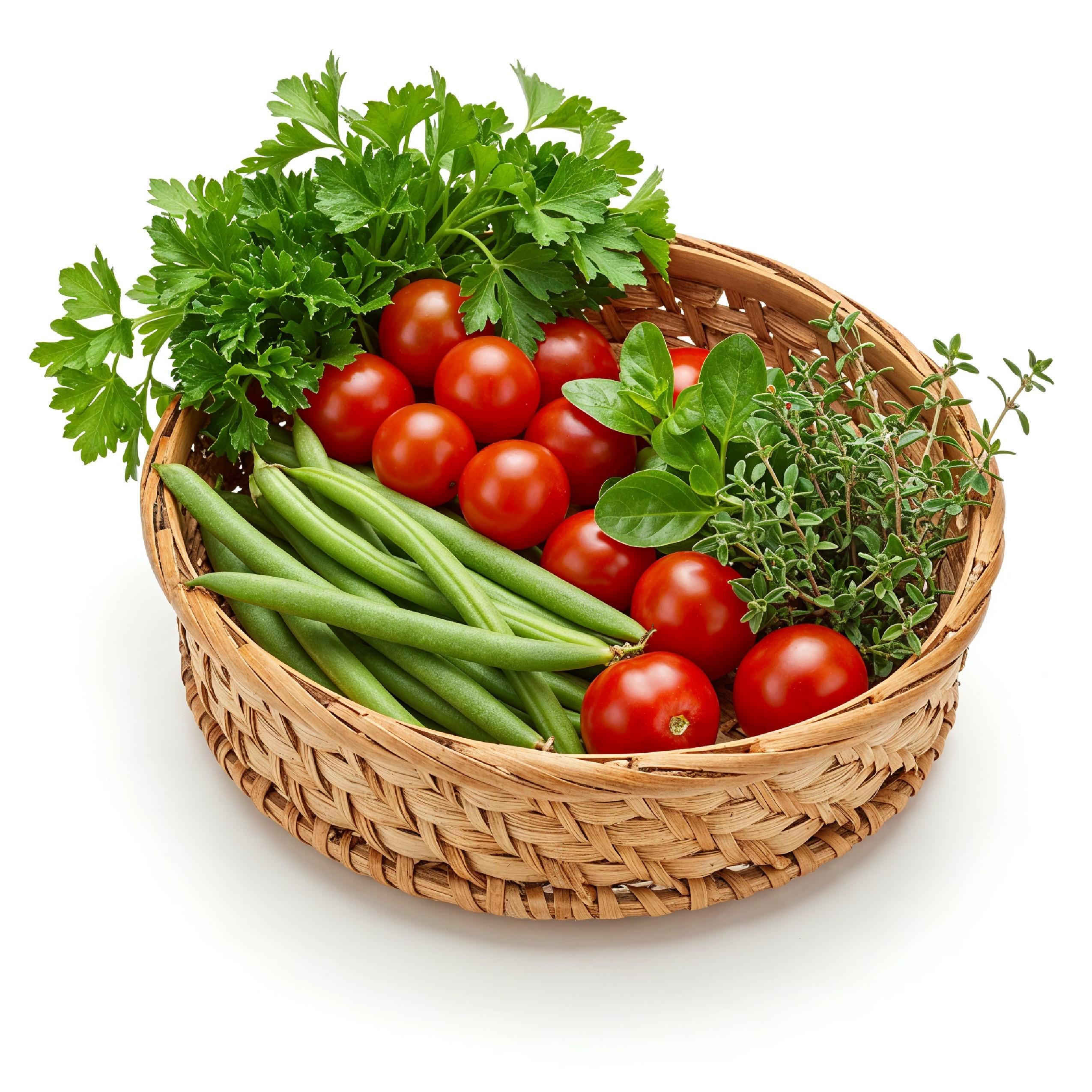 Fresh Cherry Tomatoes and Green Beans in Woven Tray Basket Isolated on White Background