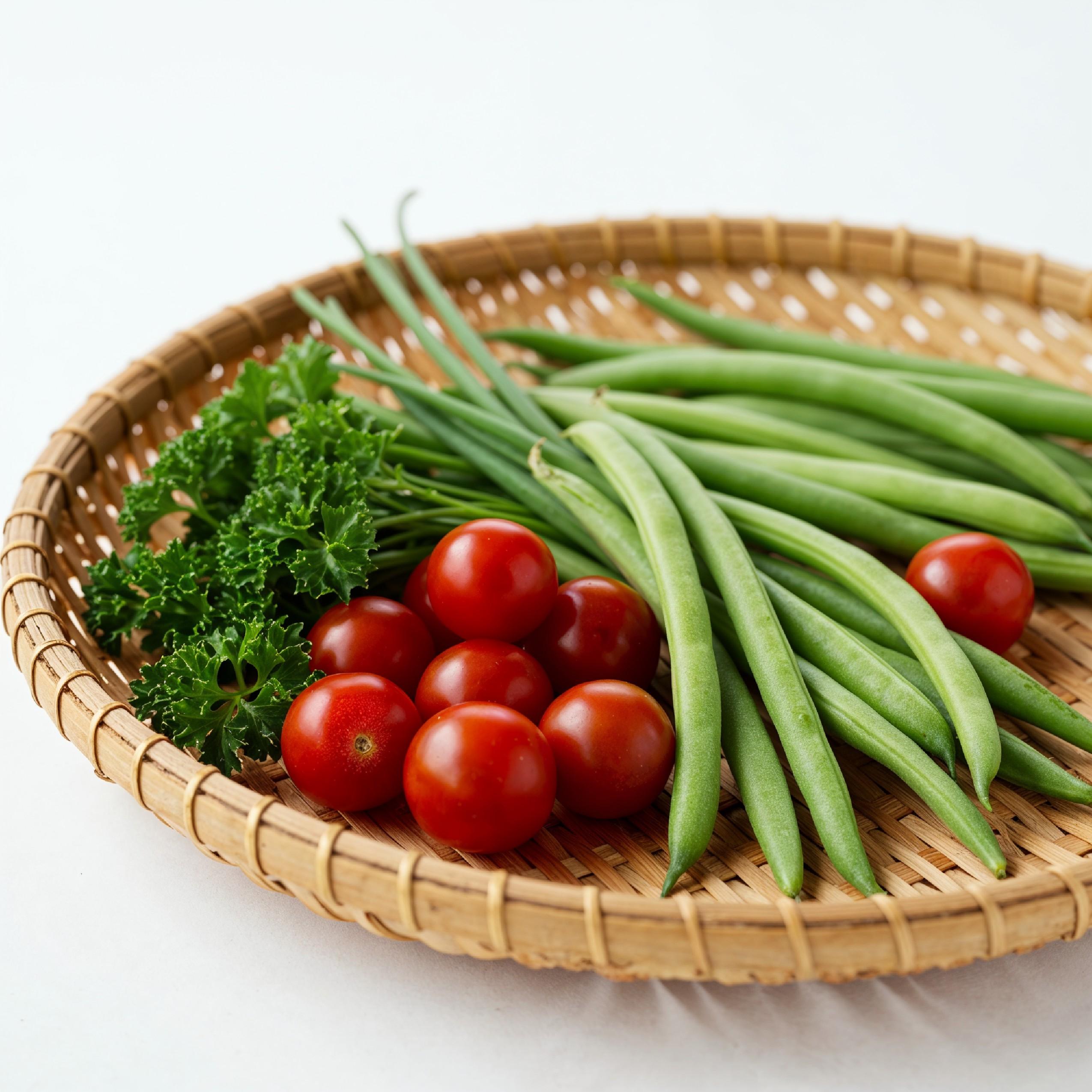 Fresh Cherry Tomatoes and Green Beans in Woven Tray Basket Isolated on White Background