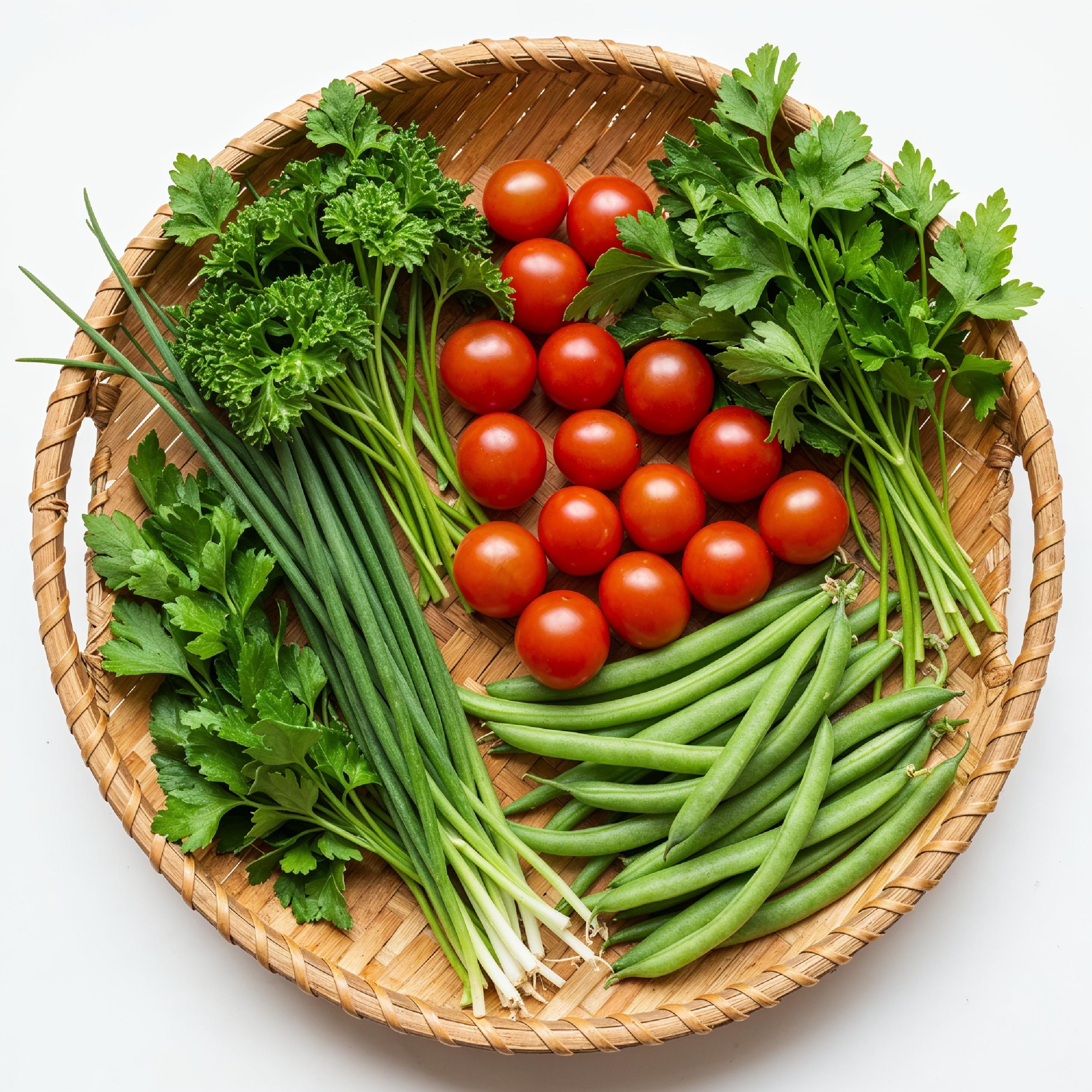 Fresh Cherry Tomatoes and Green Beans in Woven Tray Basket Isolated on White Background