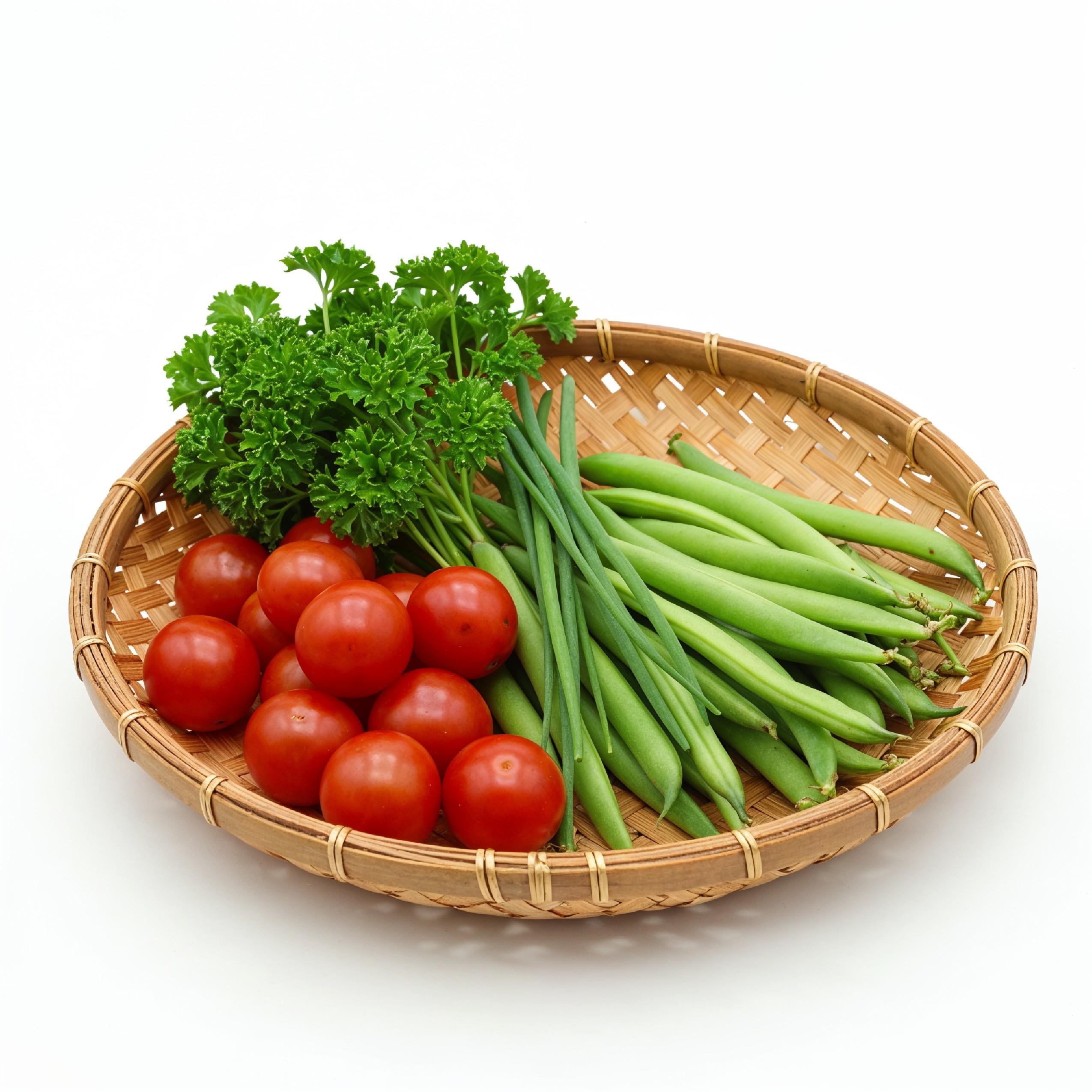Fresh Cherry Tomatoes and Green Beans in Woven Tray Basket Isolated on White Background