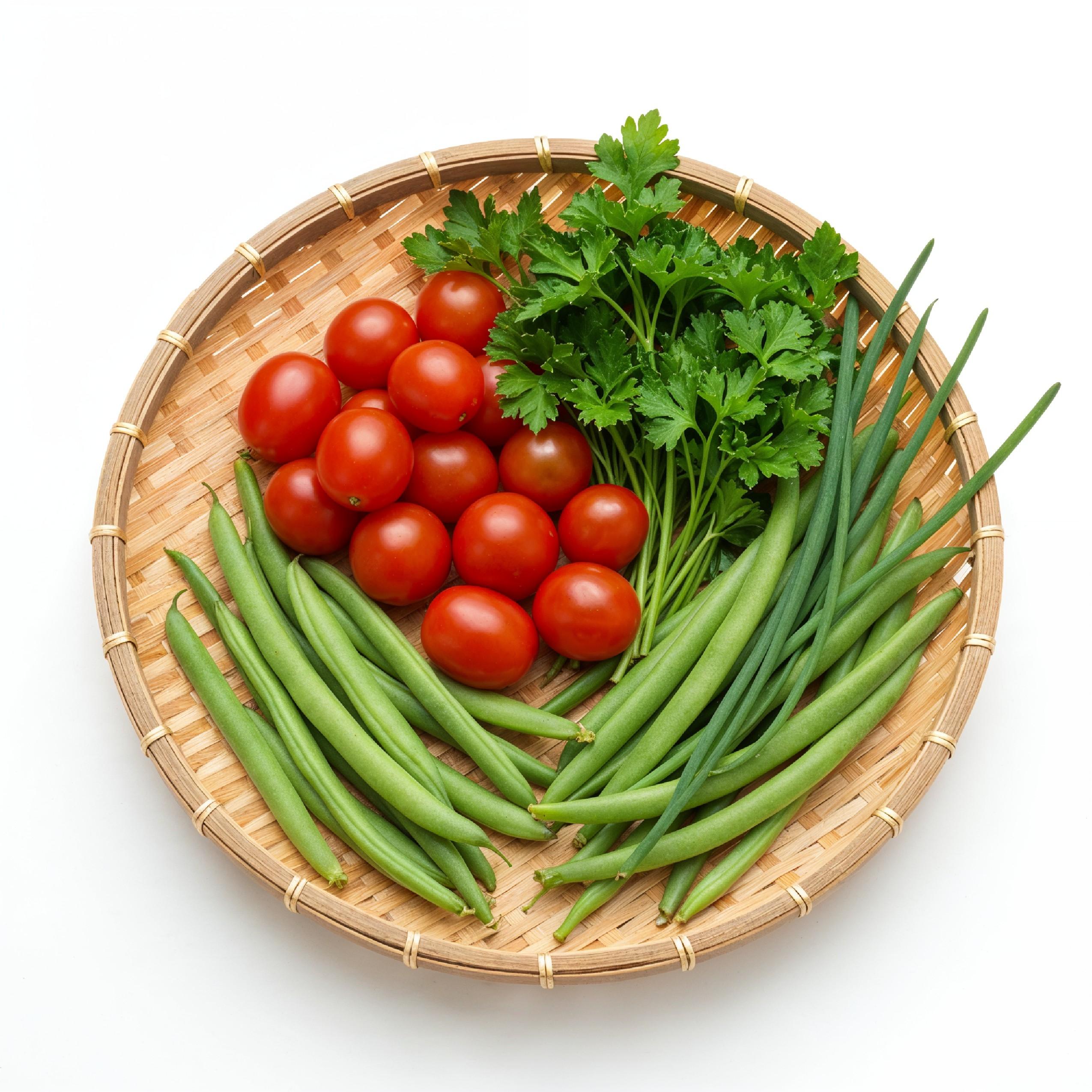 Fresh Cherry Tomatoes and Green Beans in Woven Tray Basket Isolated on White Background