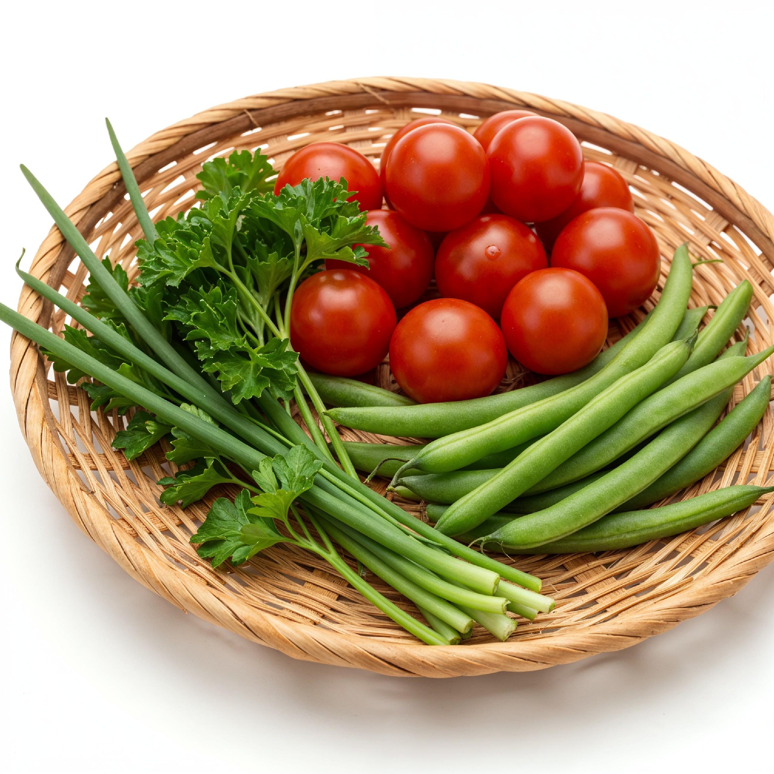 Fresh Cherry Tomatoes and Green Beans in Woven Tray Basket Isolated on White Background