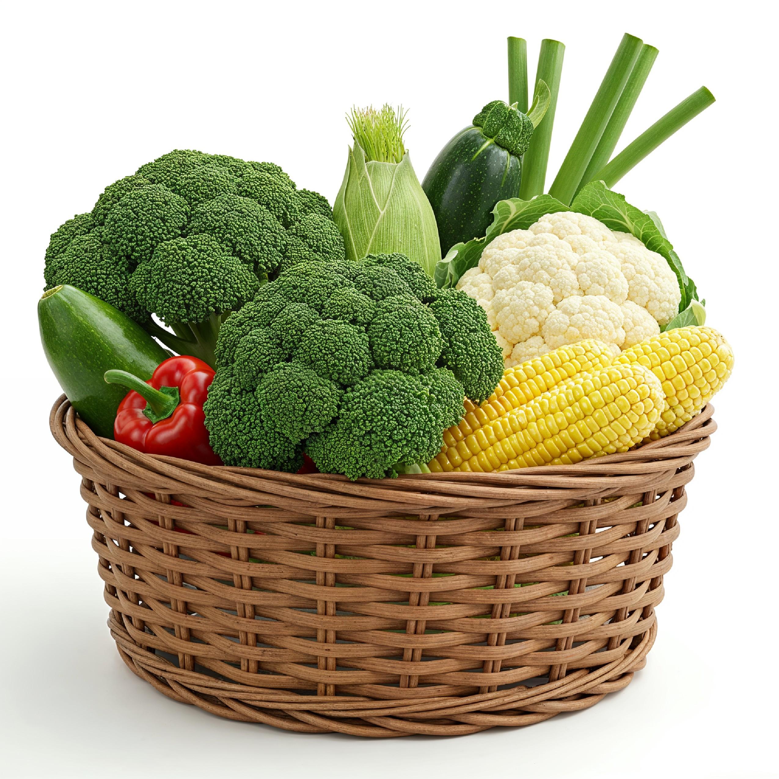 Fresh Seasonal Vegetables in Round Wicker Basket Isolated on White Background